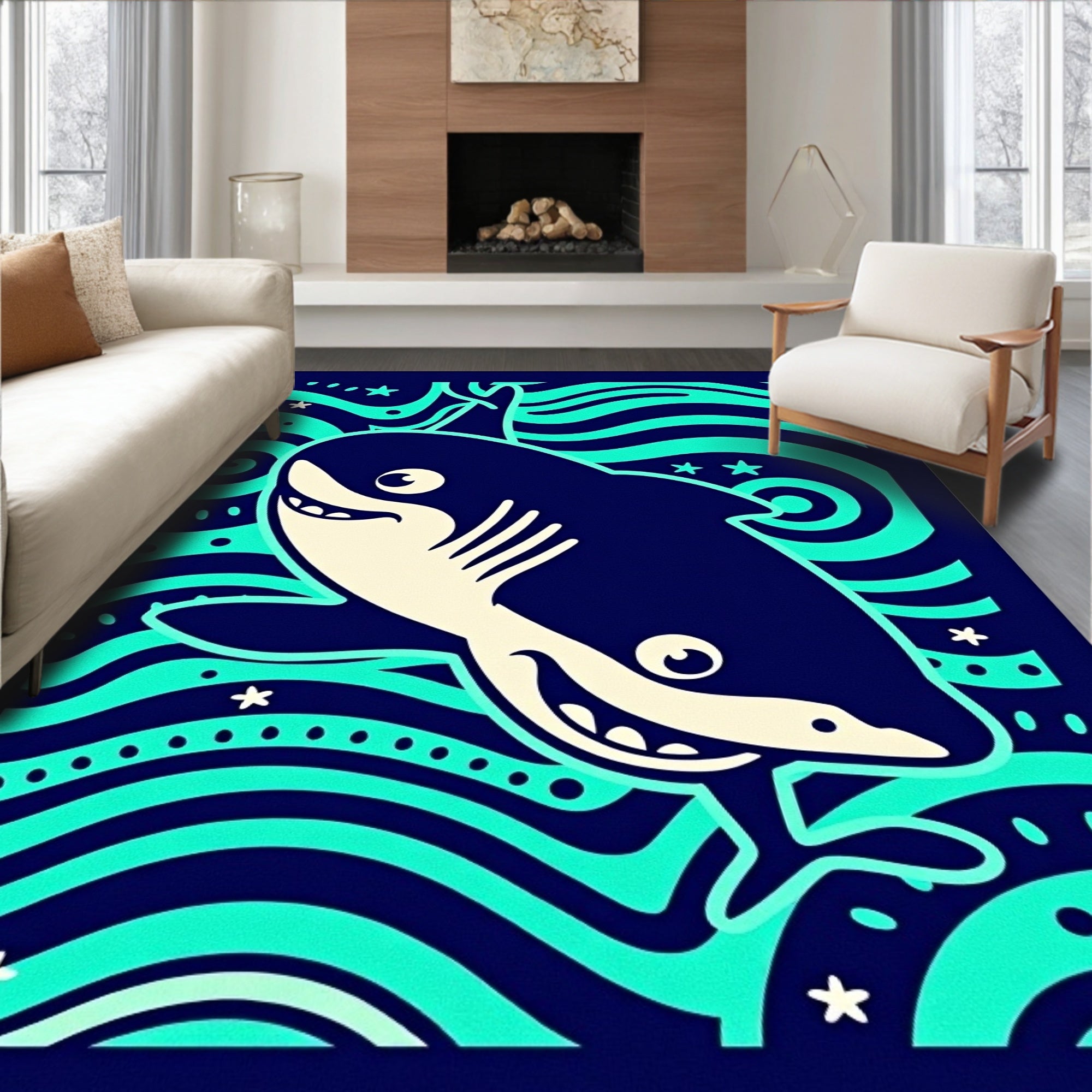 Whimsical Shark Ocean Waves Rug