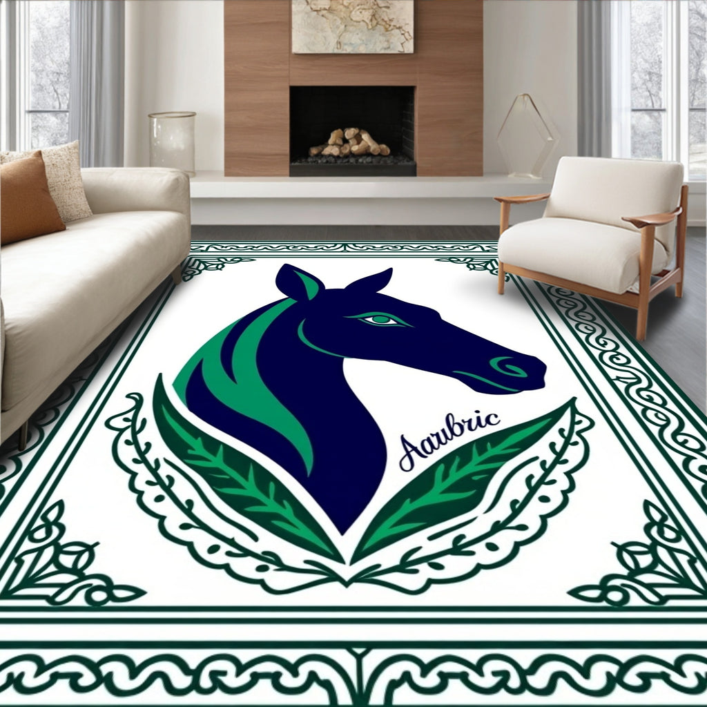 Navy Green Horse Head Crest Rug