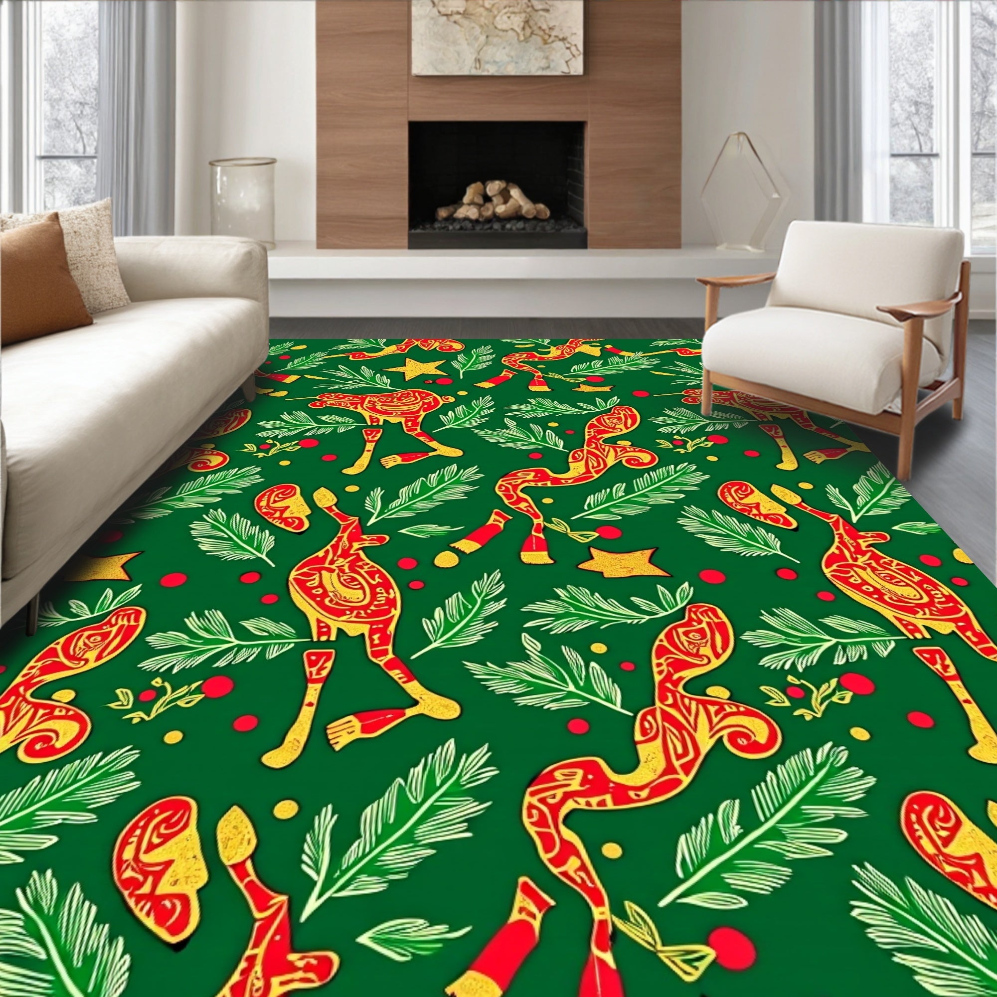Whimsical Red Figures Green Foliage Star Rug