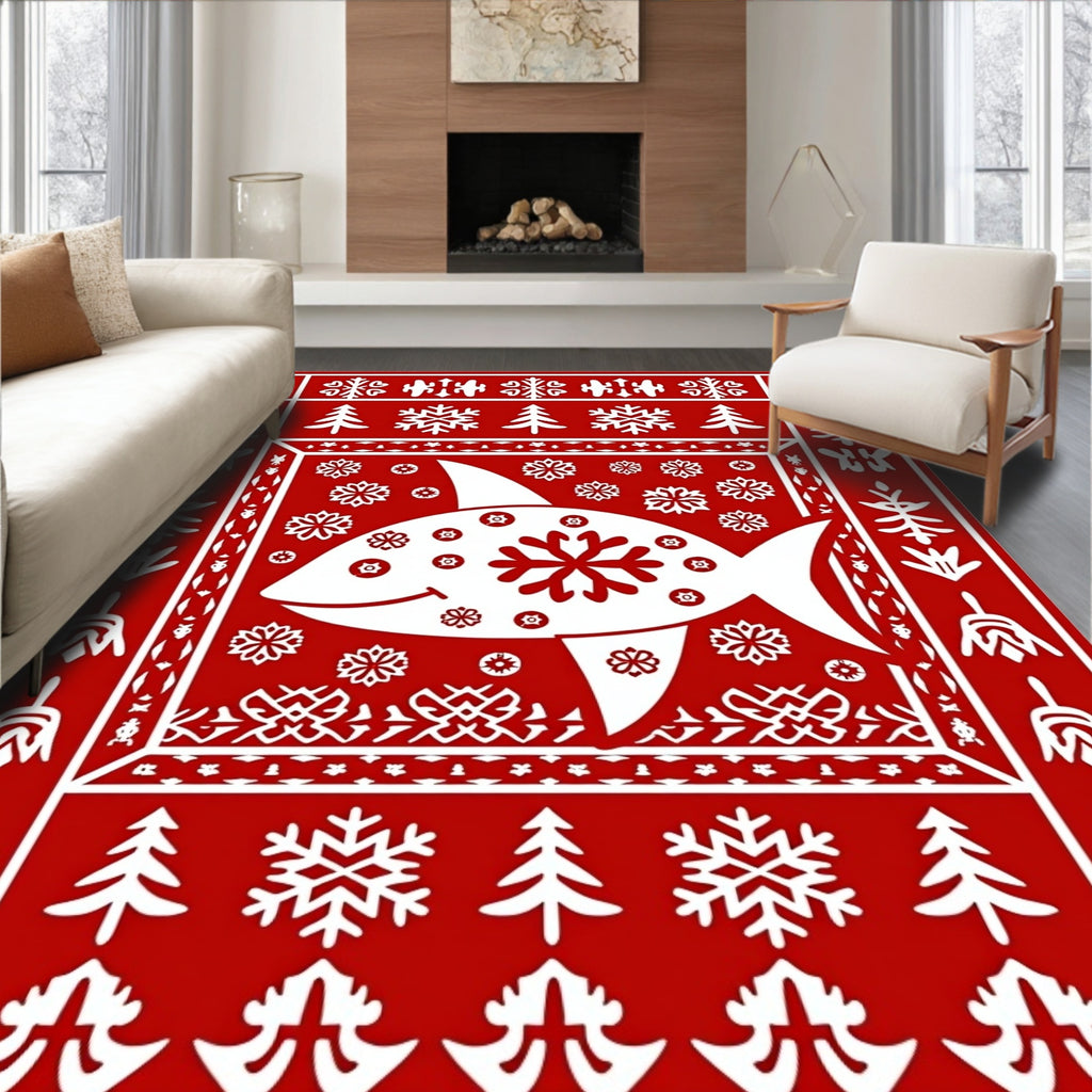 Red White Fish Snowflake Forest Border Rug