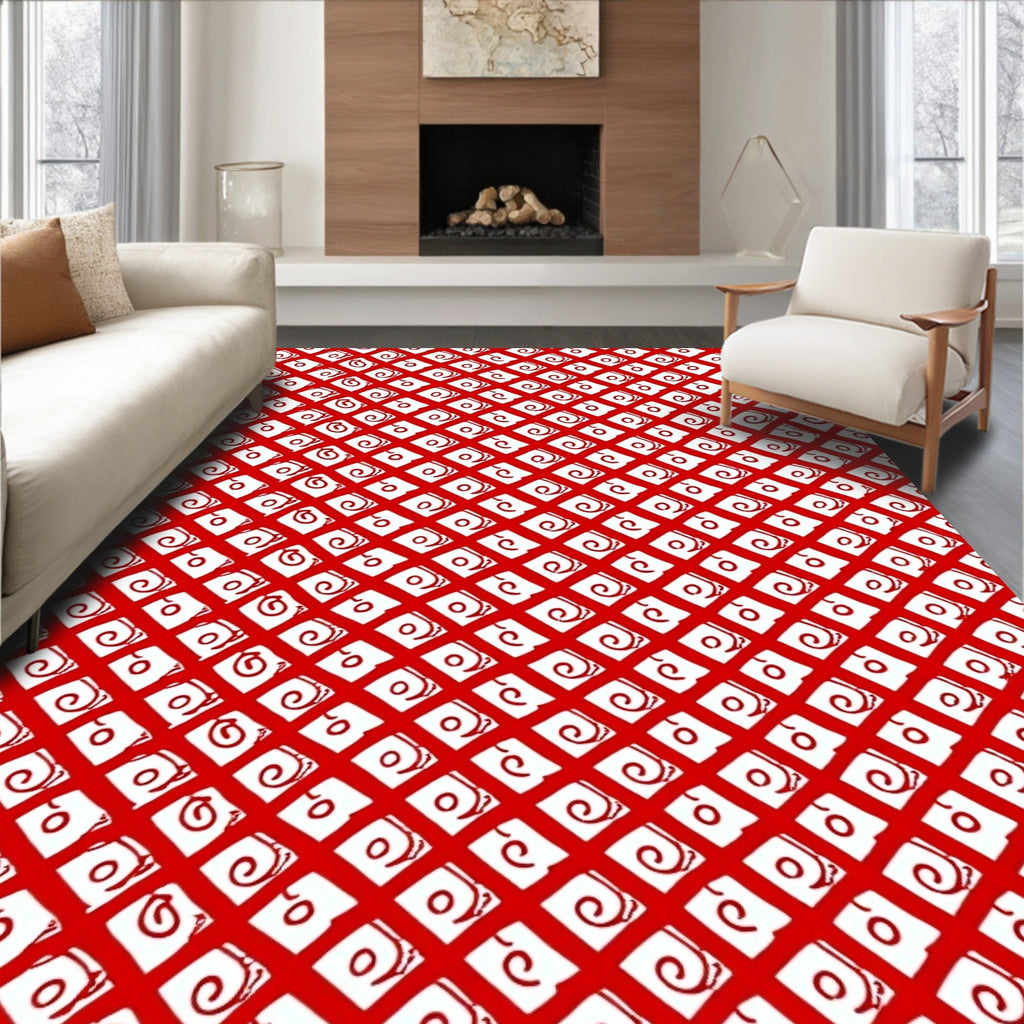 Red White Diamond Swirl Grid Rug