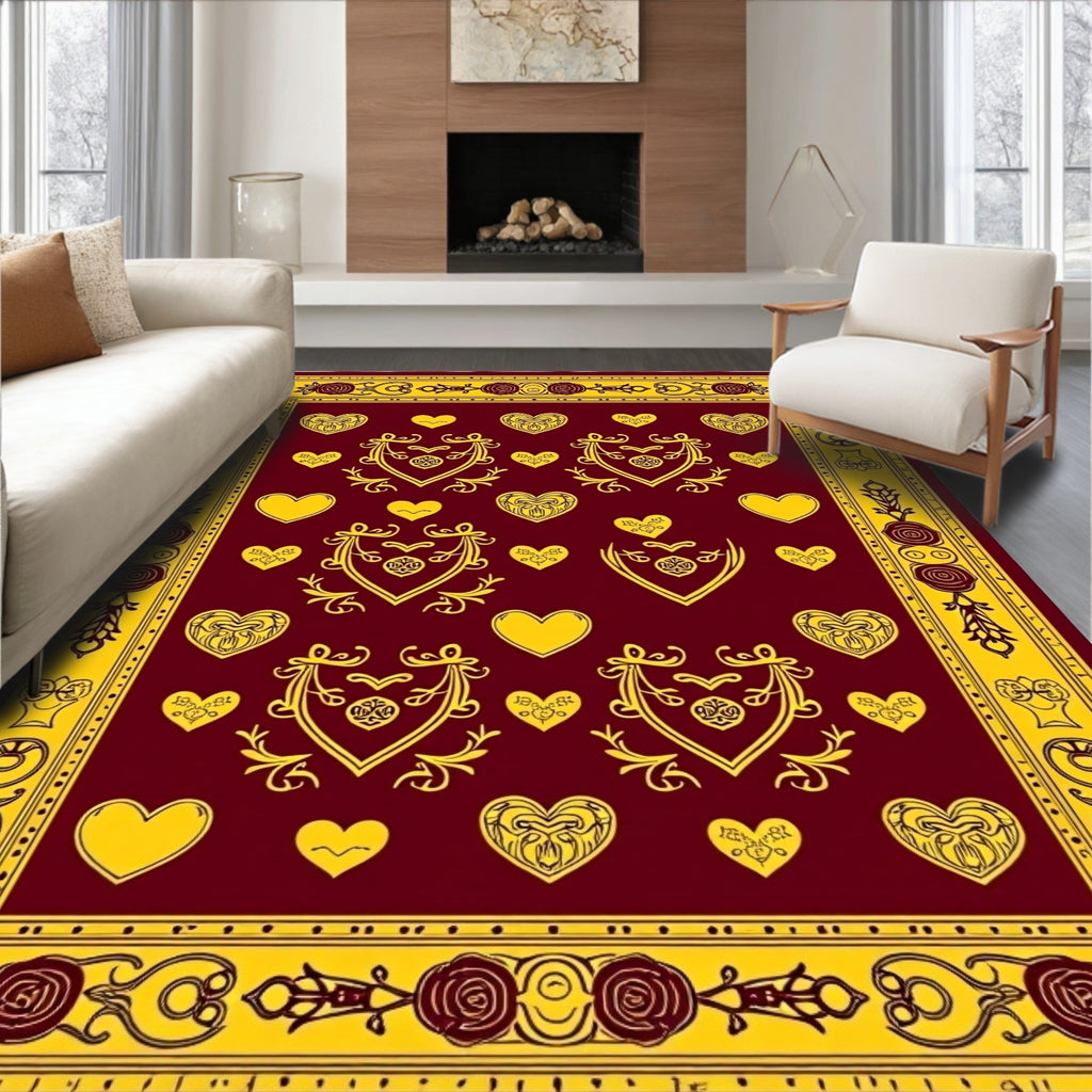Crimson Yellow Romantic Heart Border Rug