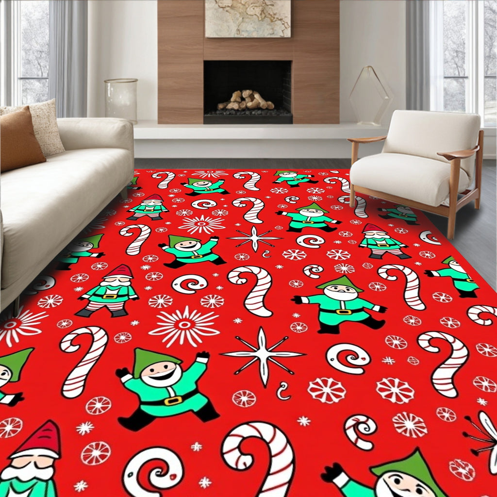 Jolly Elf Candy Cane Holiday Red Rug
