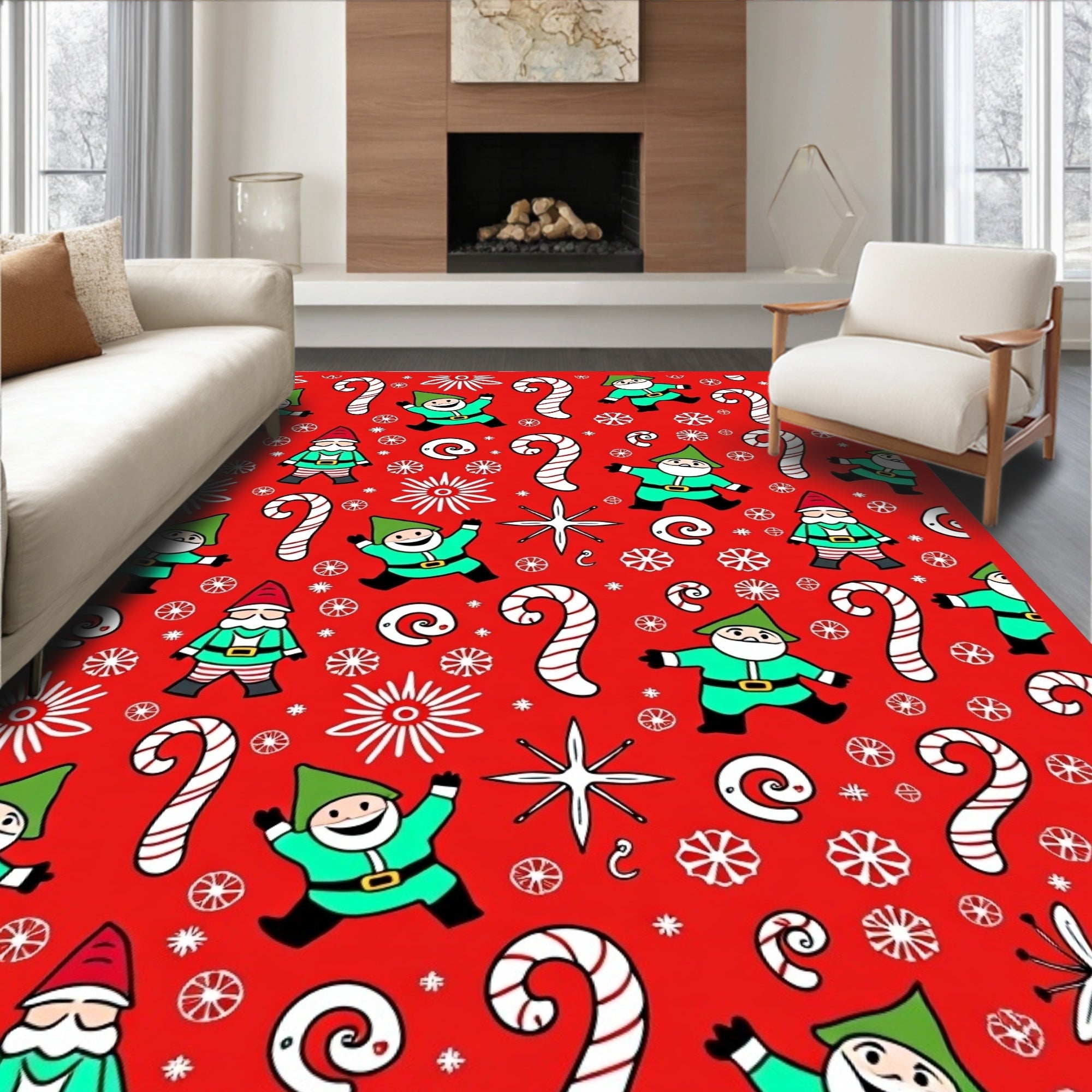 Jolly Elf Candy Cane Holiday Red Rug