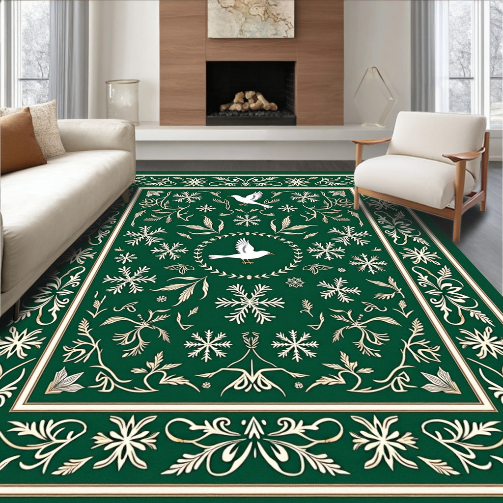 Emerald Green White Bird Snowflake Border Rug