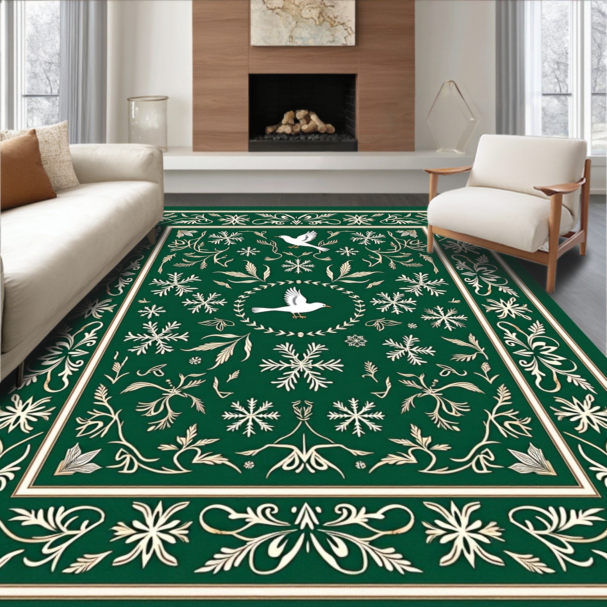 Emerald Green White Bird Snowflake Border Rug