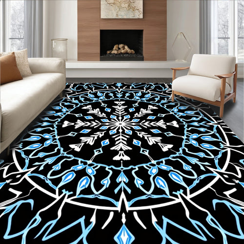 Black And White Blue Snowflake Mandala Rug