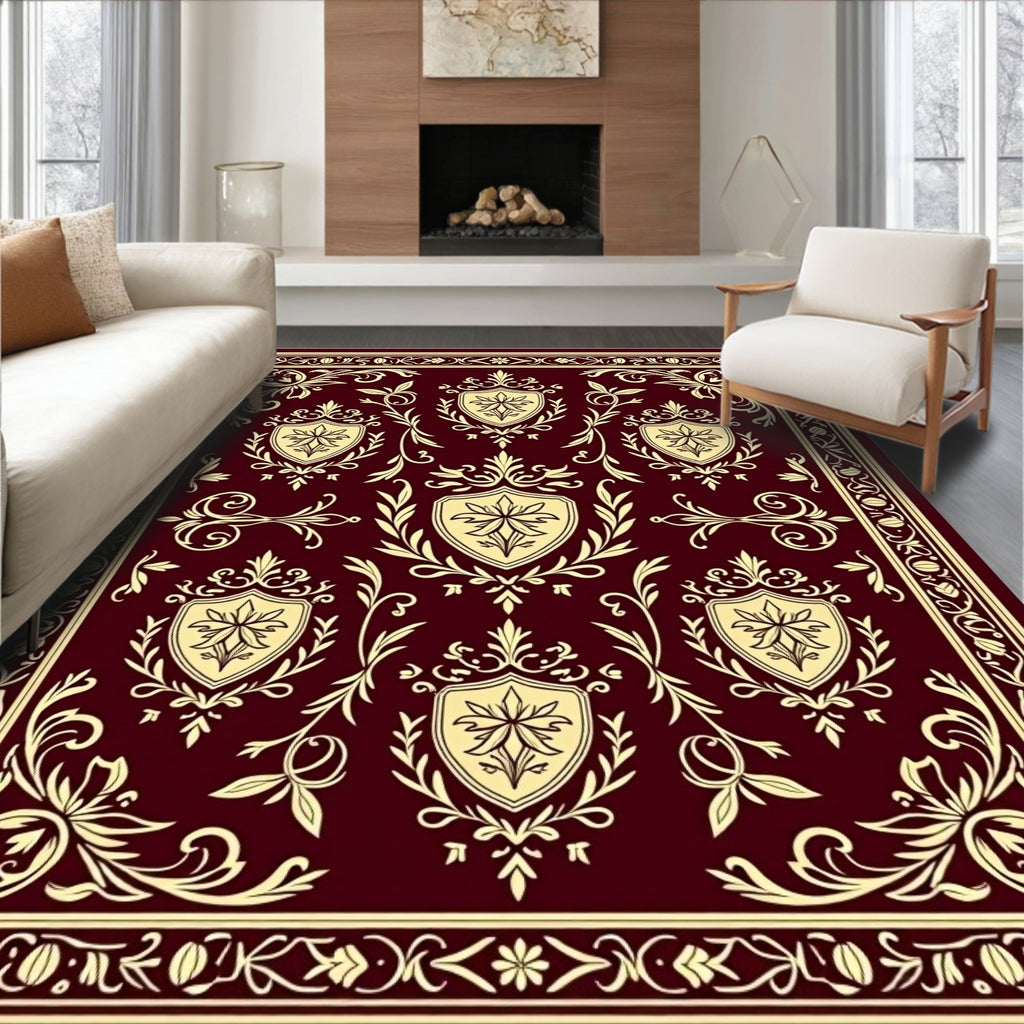 Burgundy Cream Crested Floral Vine Rug