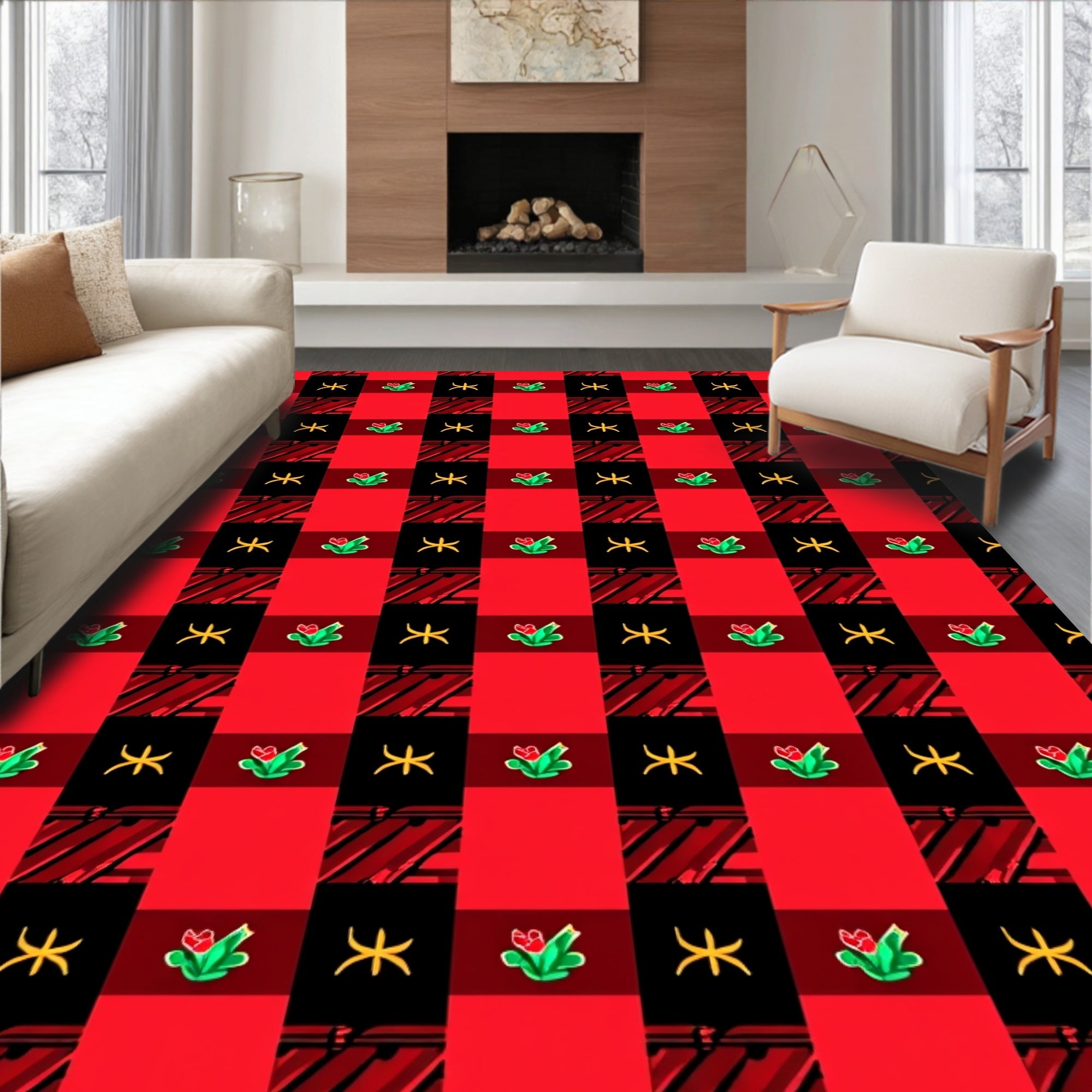 Red Black Buffalo Check Floral Motif Rug