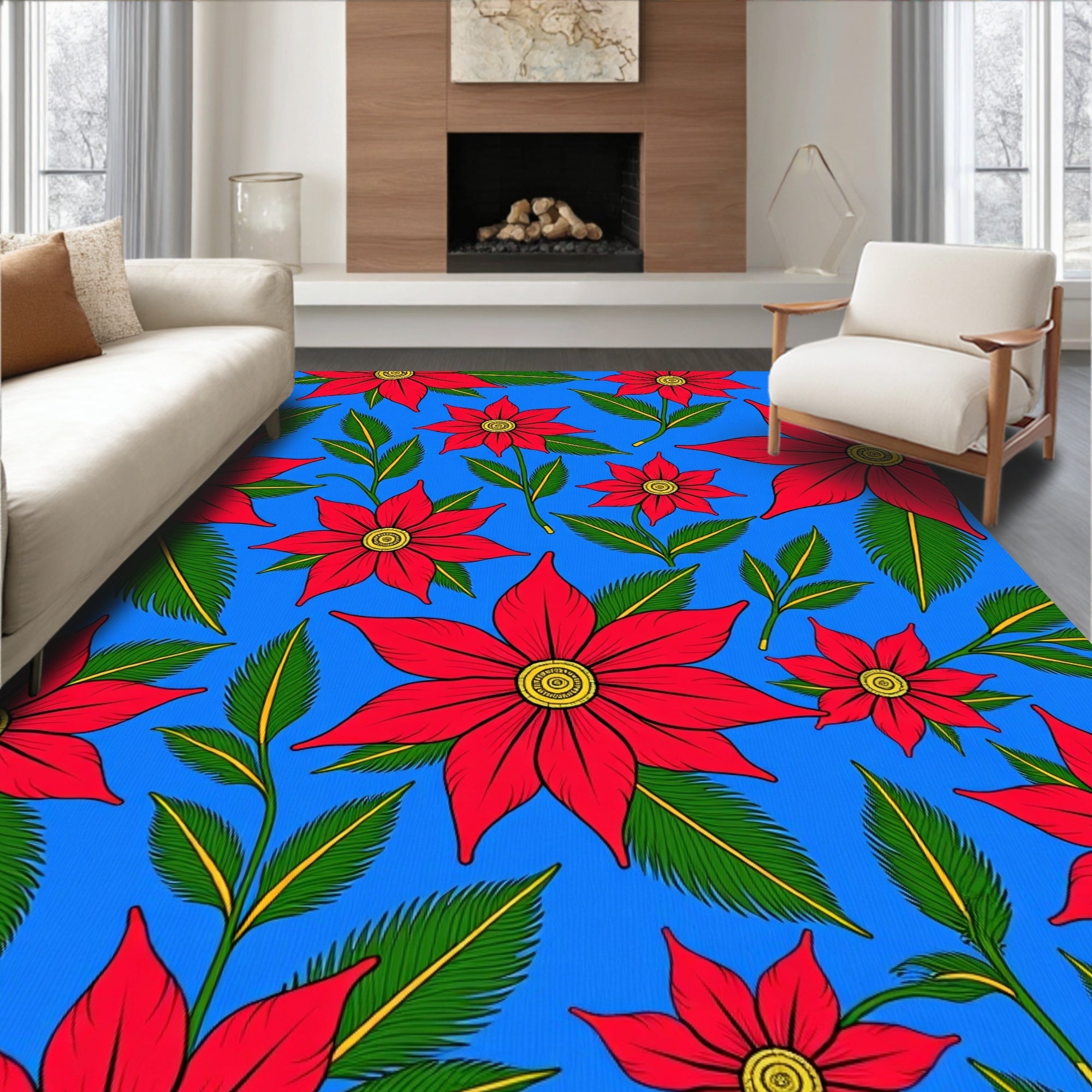 Bright Red Poinsettia Floral Foliage Rug