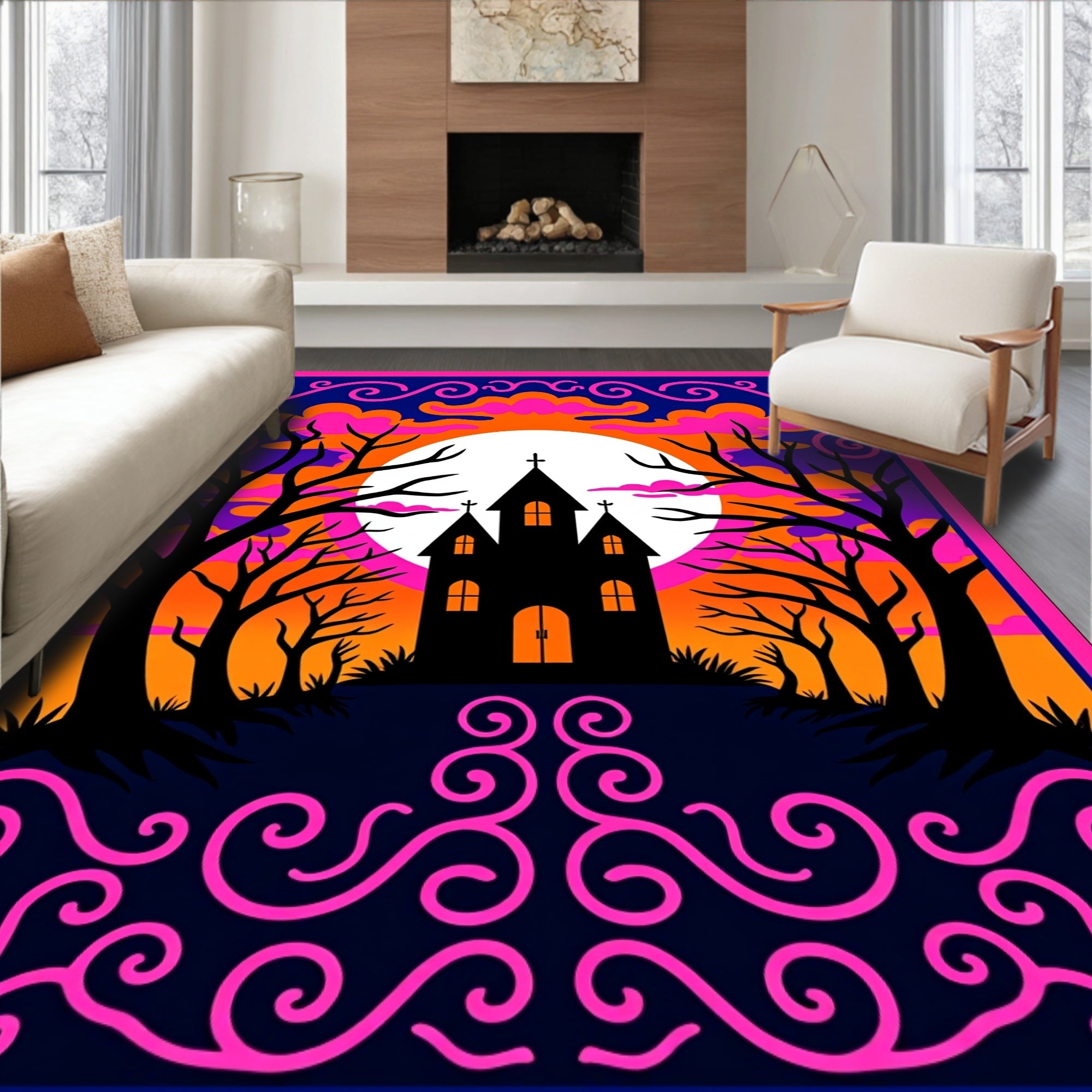 Spooky Haunted Castle Sunset Clouds Rug