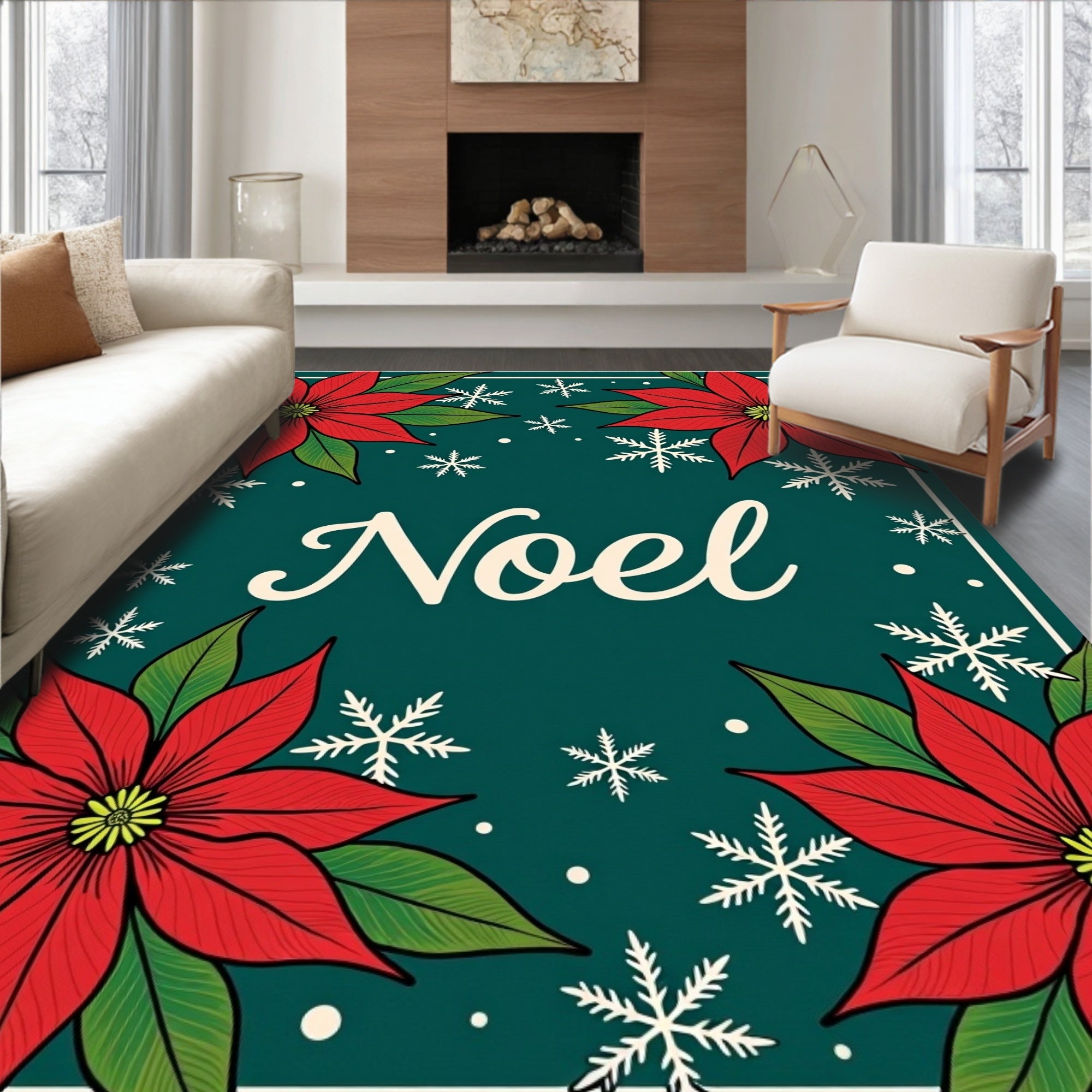 Red Poinsettia Snowflakes Noel Rug