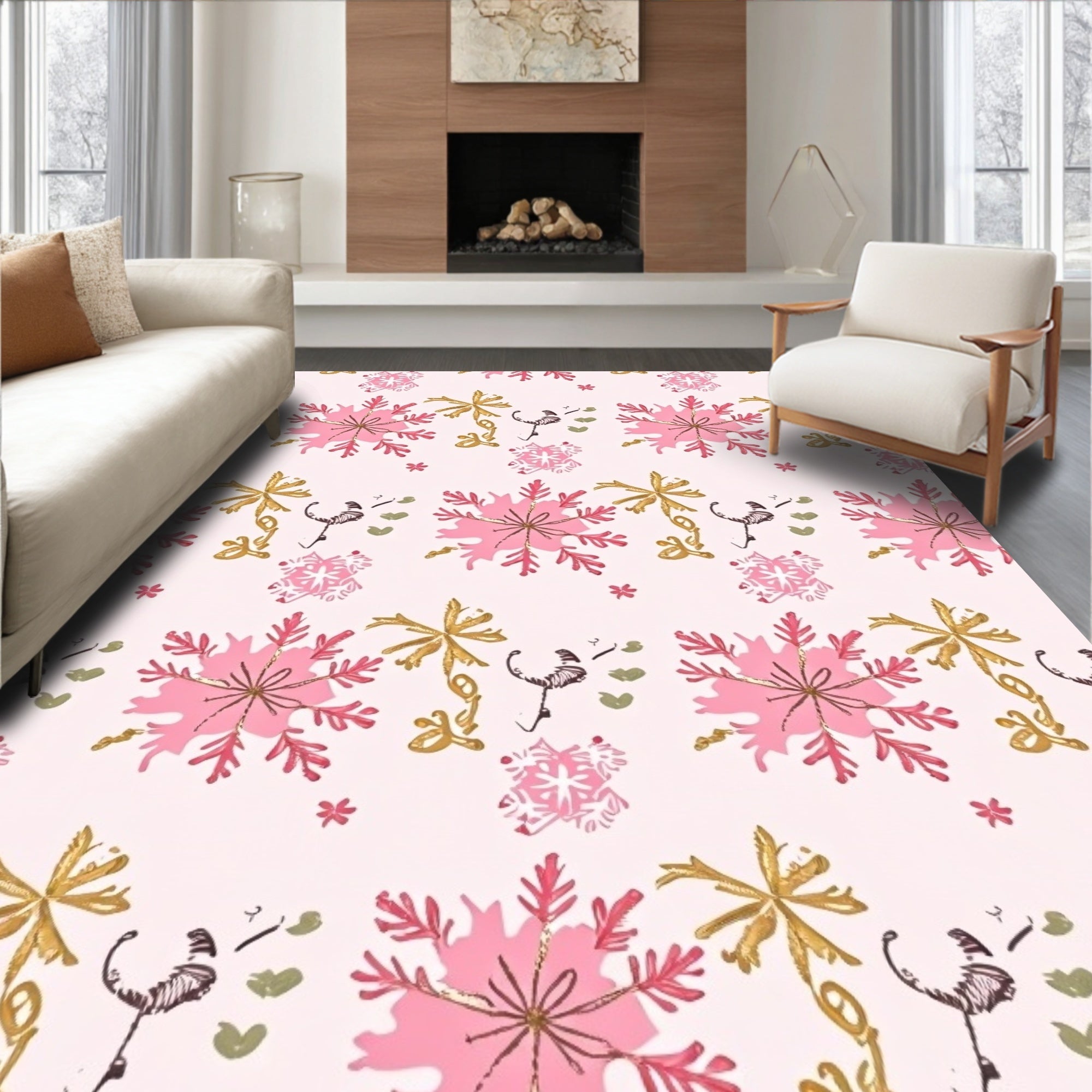 Pink Gold Snowflake Twirl Accent Rug