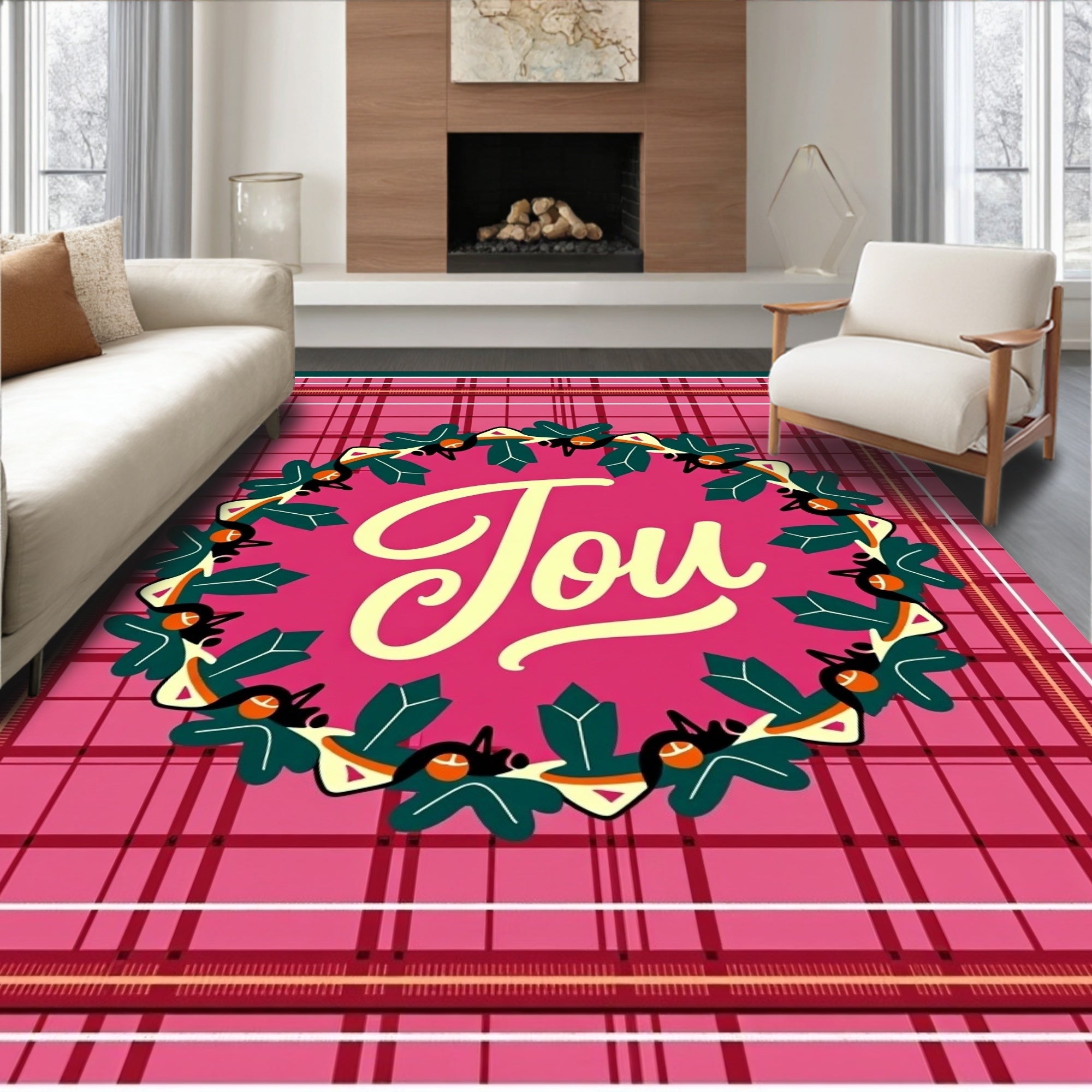 Crimson Plaid Holly Wreath Joy Rug