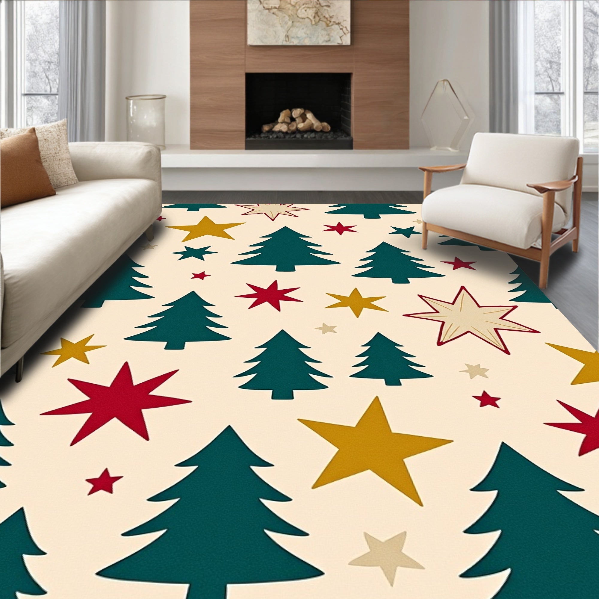 Festive Green Pine Trees Stars Rug