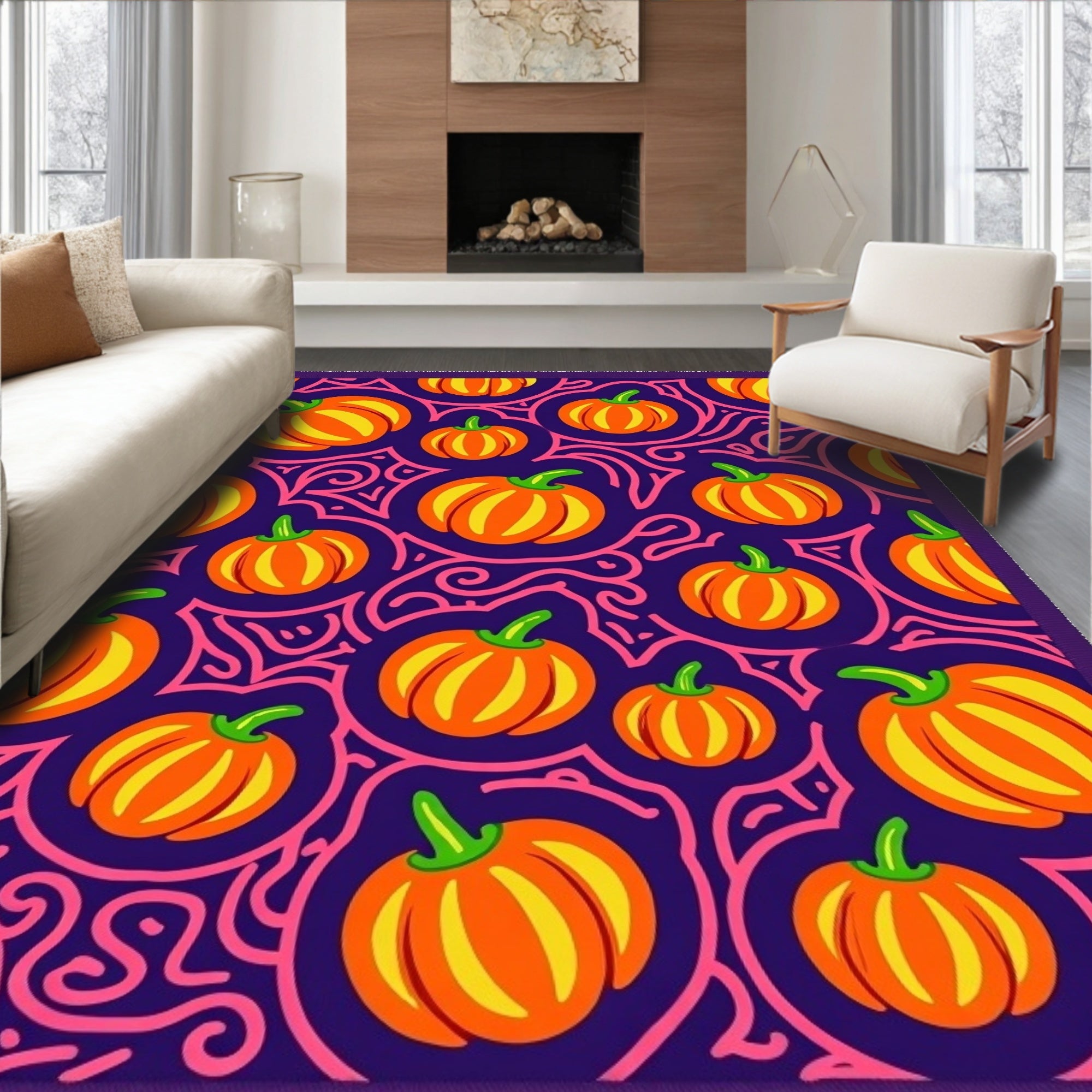 Orange Pumpkin Swirls With Purple Background Rug