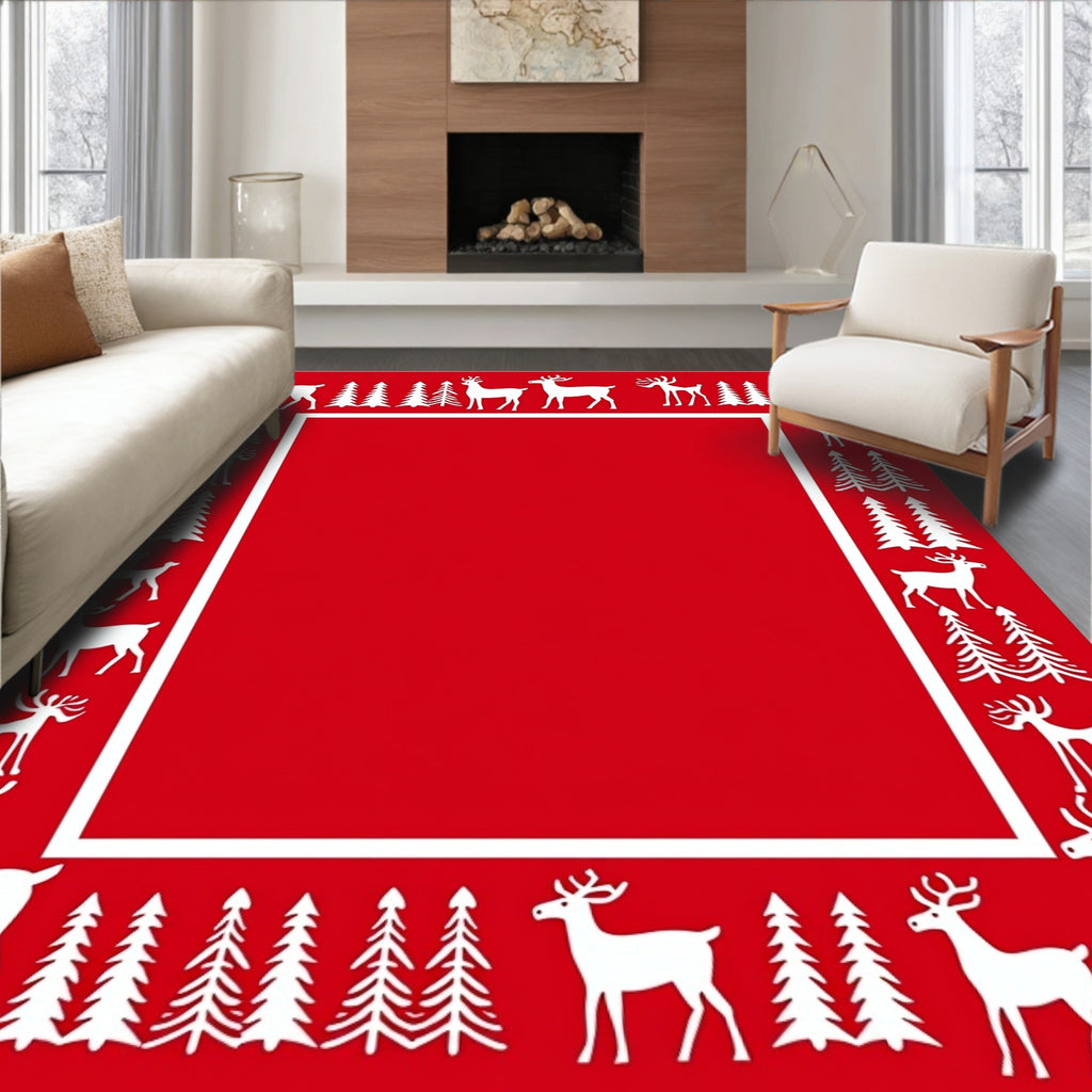 Red White Reindeer Forest Border Rug