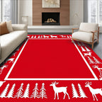 Red White Reindeer Forest Border Rug