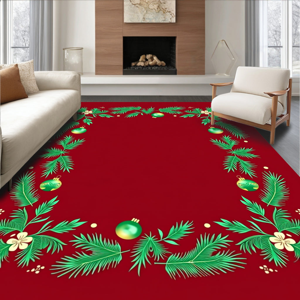 Festive Green Pine Holiday Ornaments Red Rug