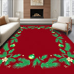 Festive Green Pine Holiday Ornaments Red Rug