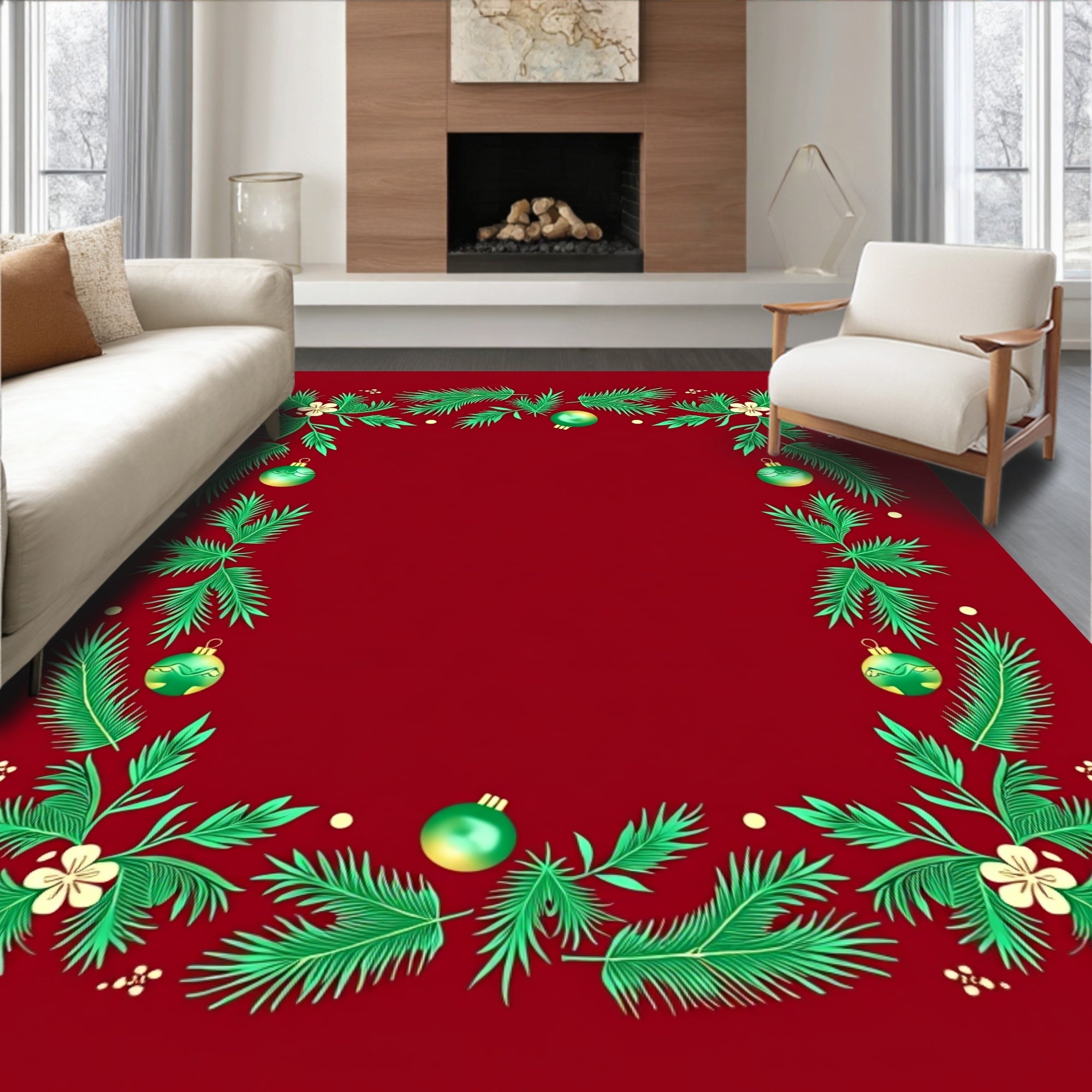 Festive Green Pine Holiday Ornaments Red Rug