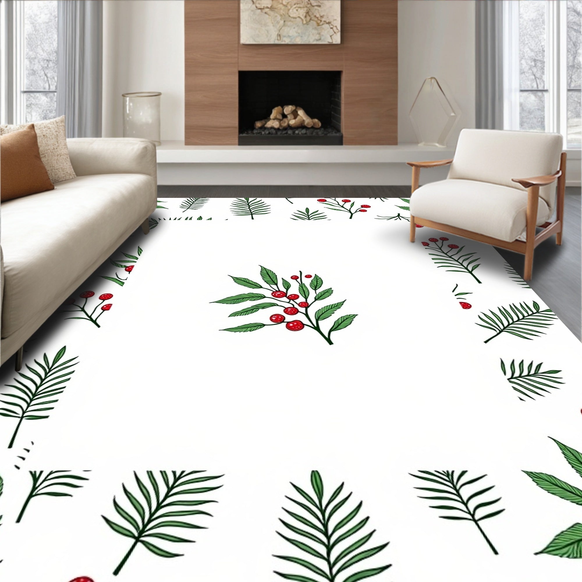 Green Red Berry Leafy Branch Border Rug