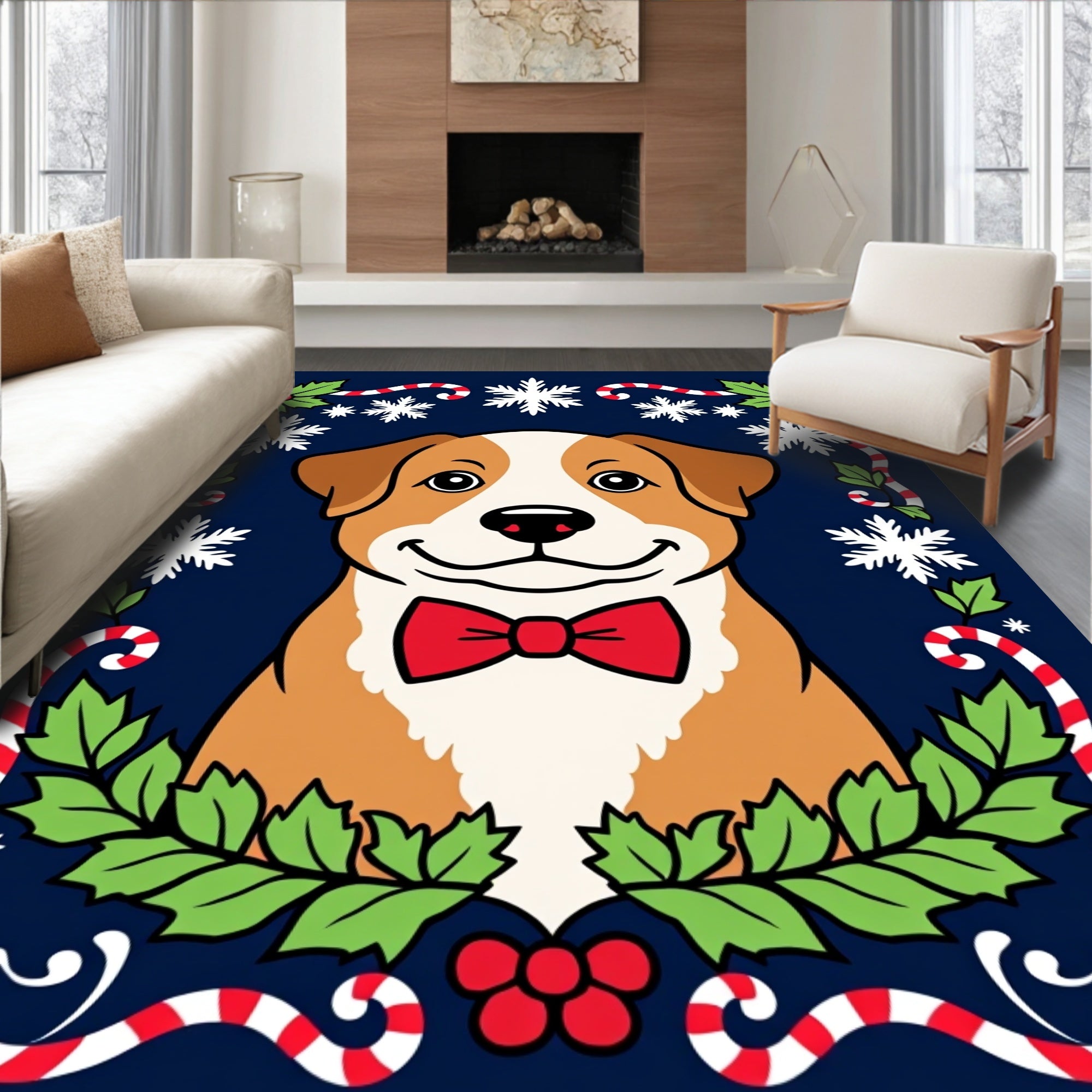 Festive Dog Holly Candy Cane Snowflakes Rug