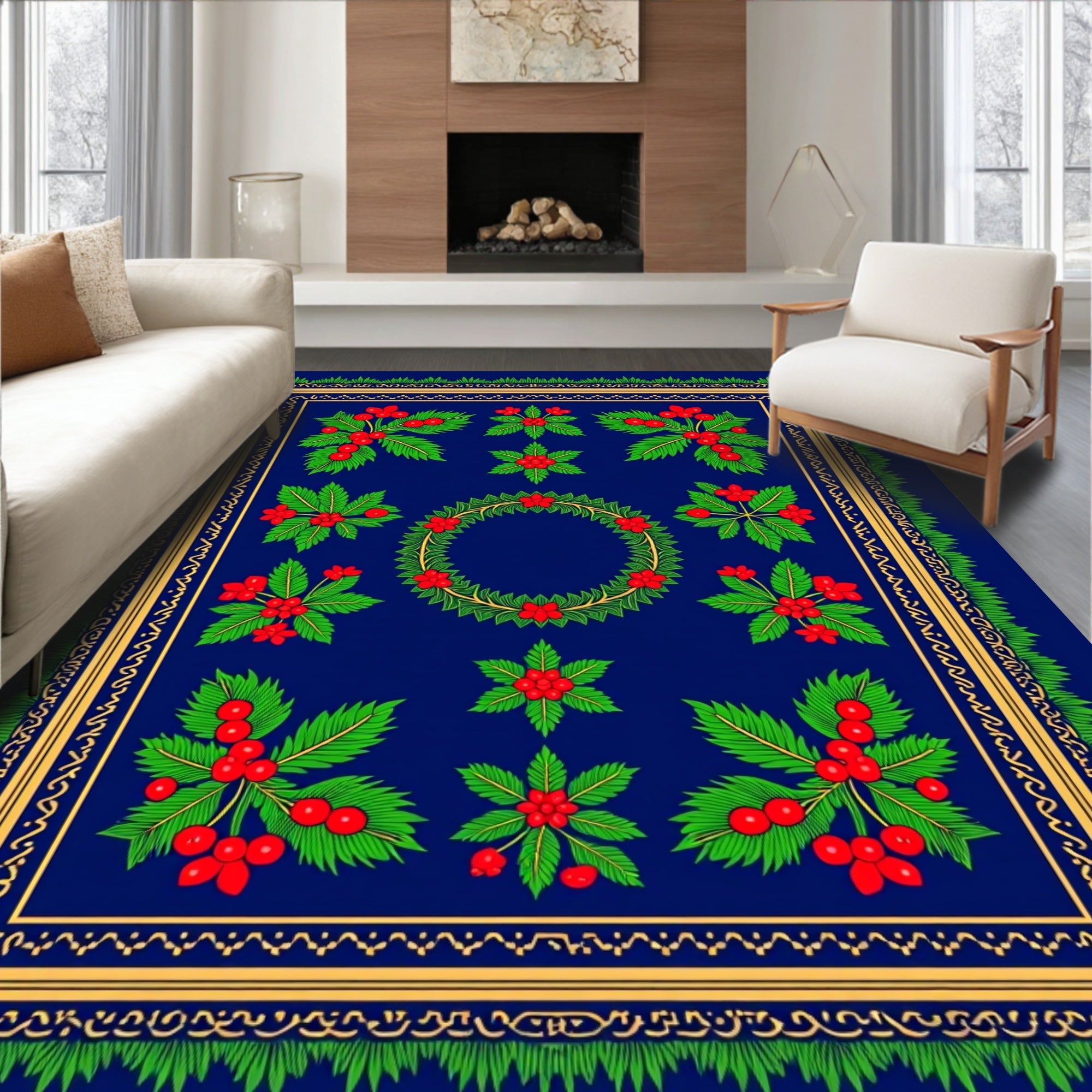 Deep Blue Berry Garland Floral Rug