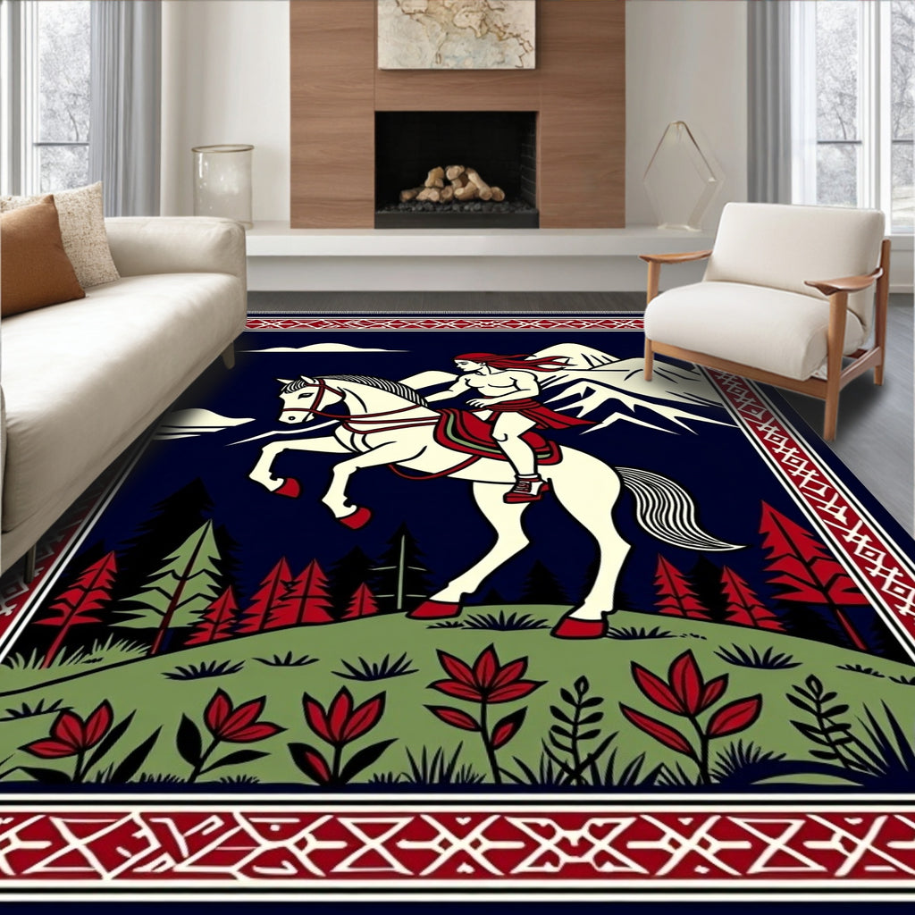 Warrior rider with red mane and horse Rug