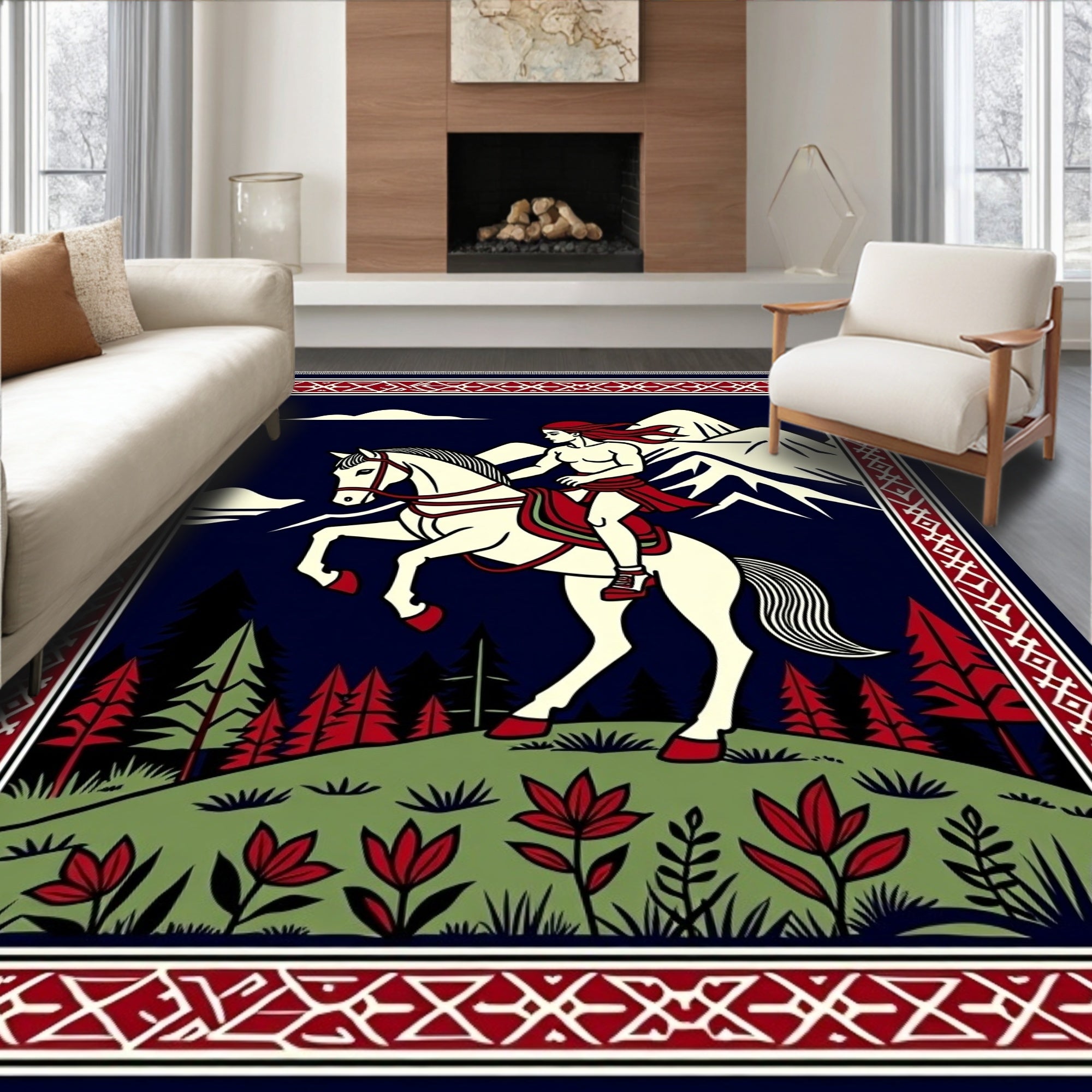 Warrior rider with red mane and horse Rug
