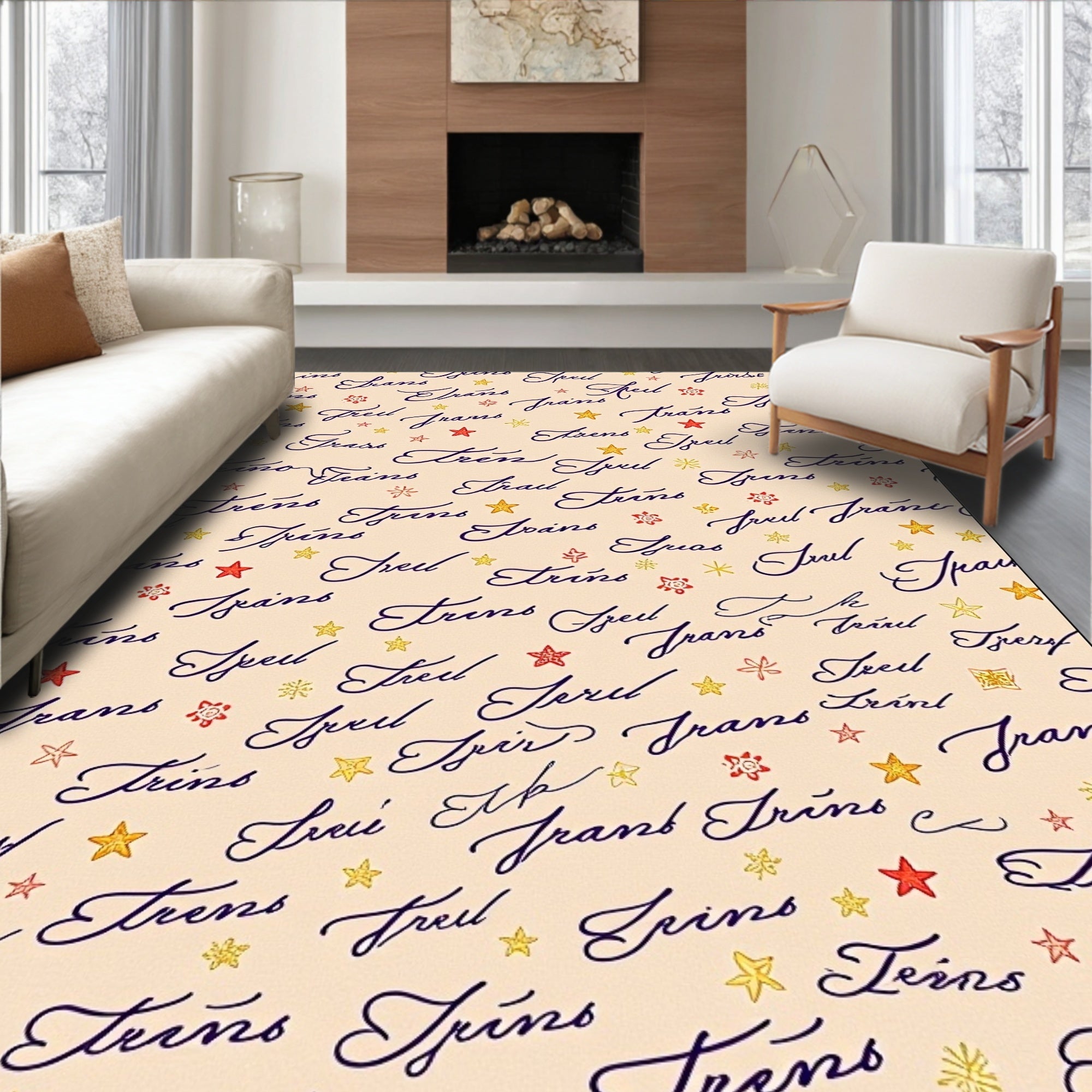 Scripted Star Navy Calligraphy Rug