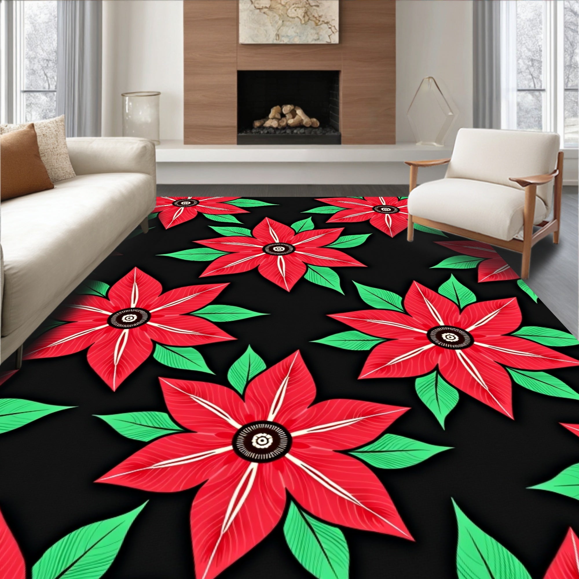 Bold Red Floral Petal Garden Rug