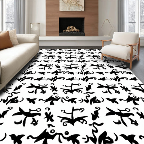 Black White Whimsical Folkloric Animal Arrangement Rug
