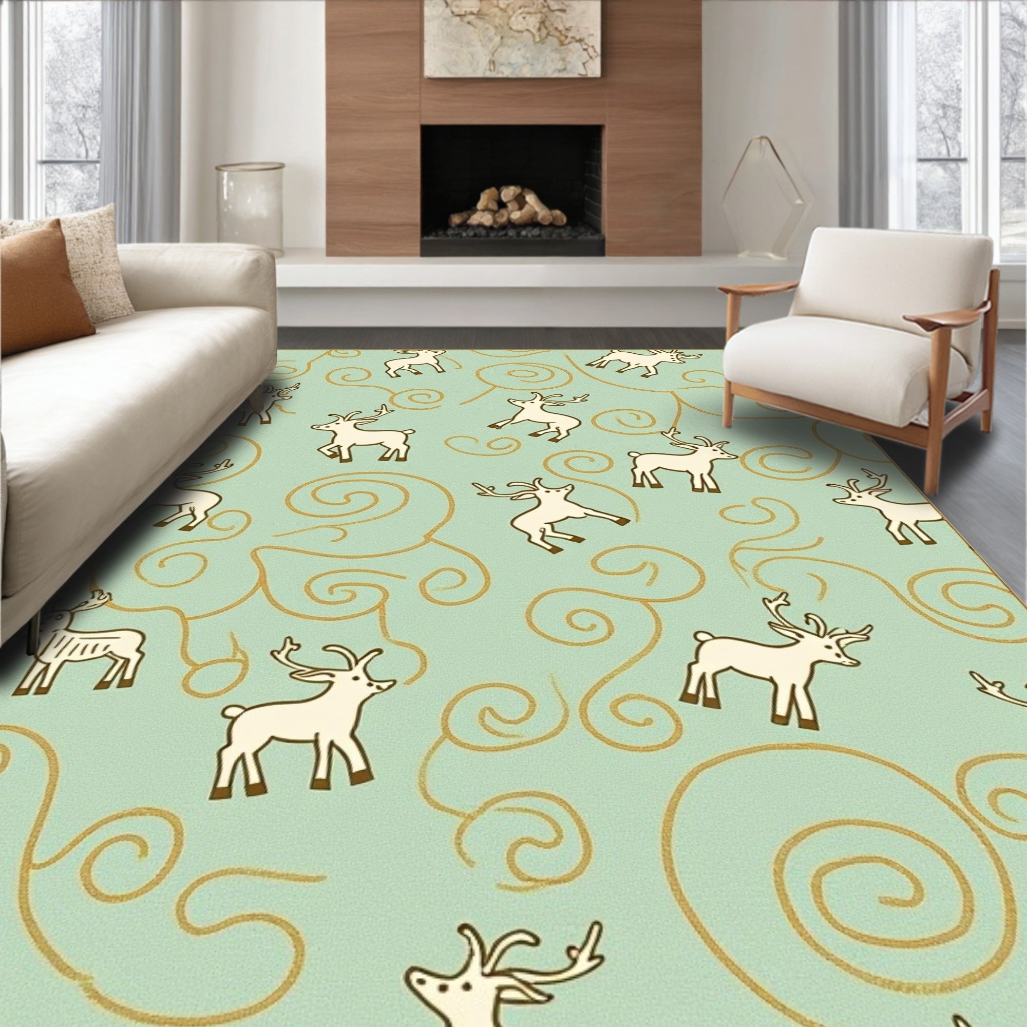 Whimsical White Reindeer Swirls Rug