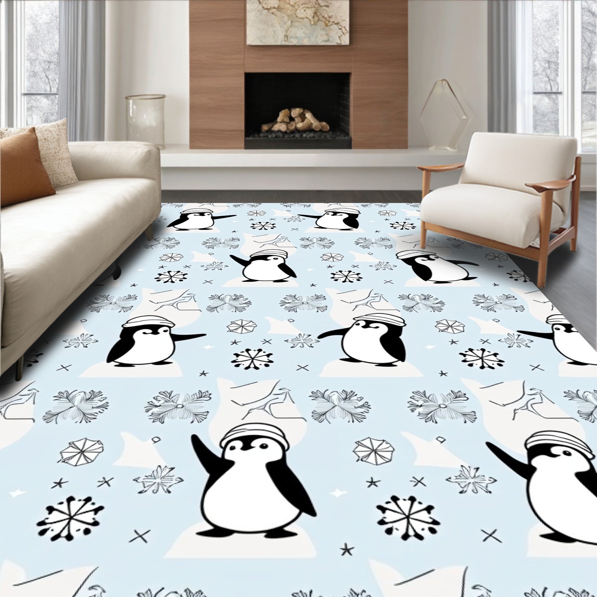 Whimsical Penguin Snowflakes Winter Wonder Rug