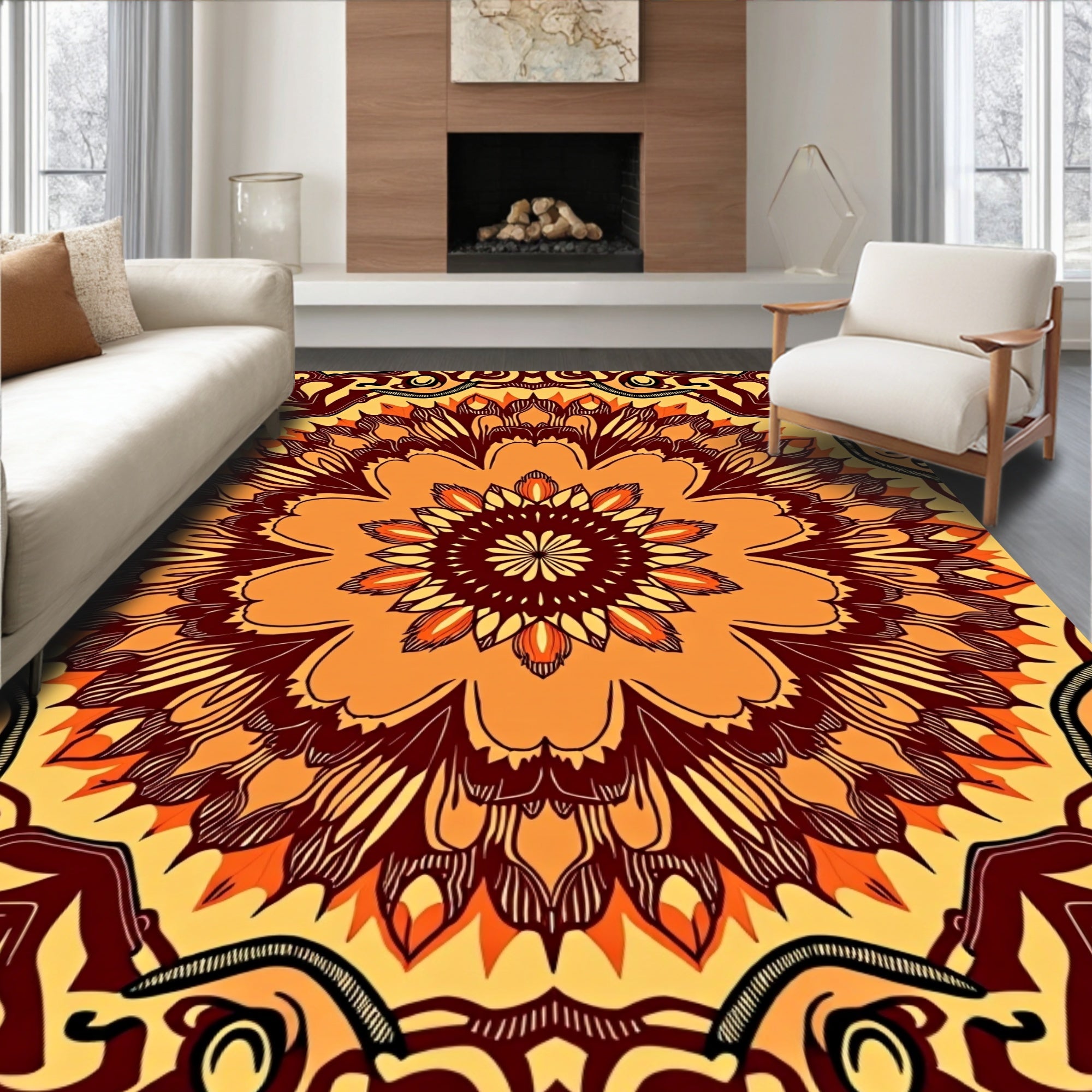 Vibrant Orange and Brown Mandala Rug
