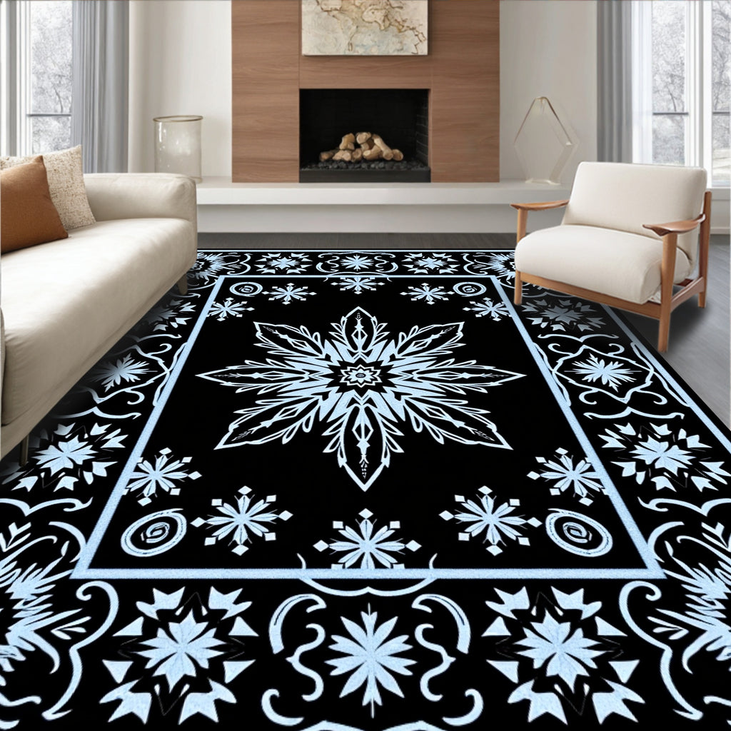 Icy Blue Snowflake Mandala Border Rug