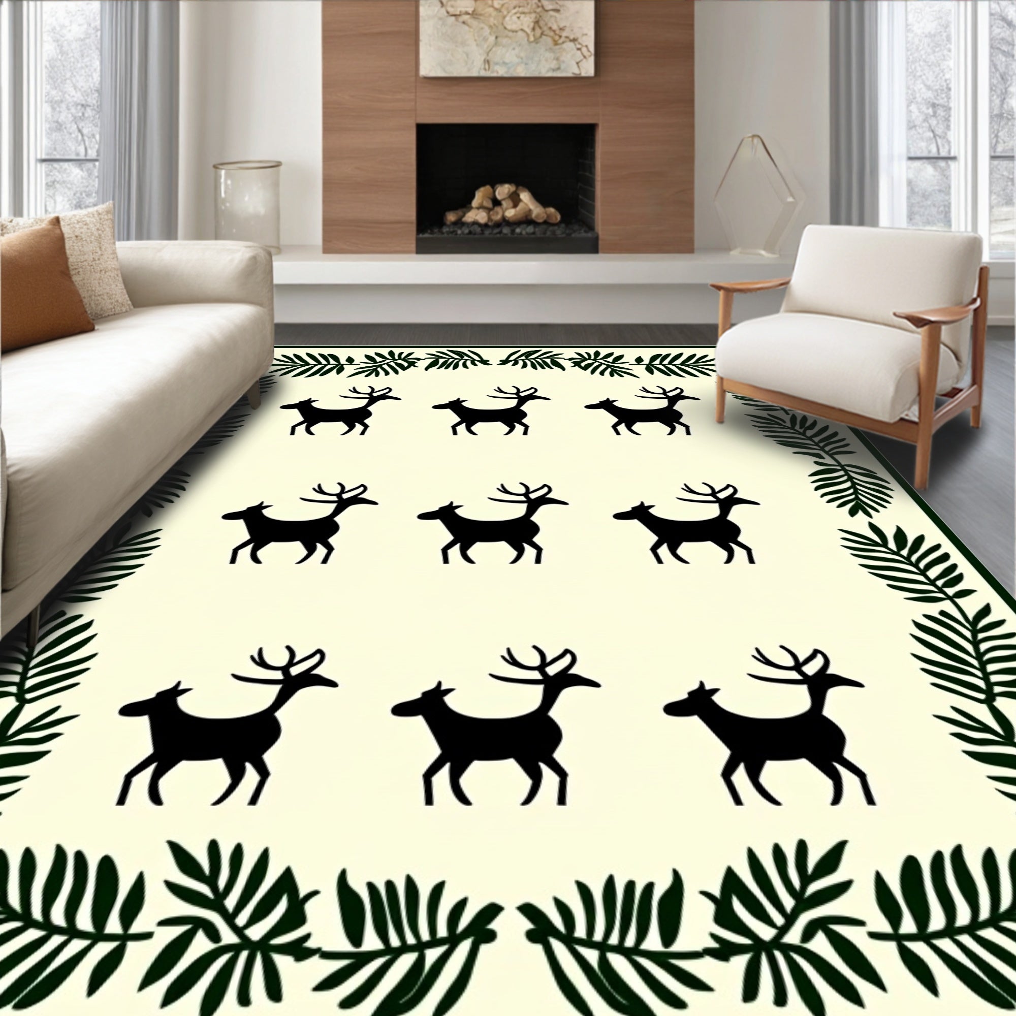 Forest Green Deer Silhouette Border Rug