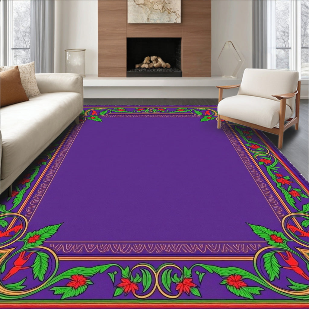 Vibrant Purple Floral Bird Border Rug