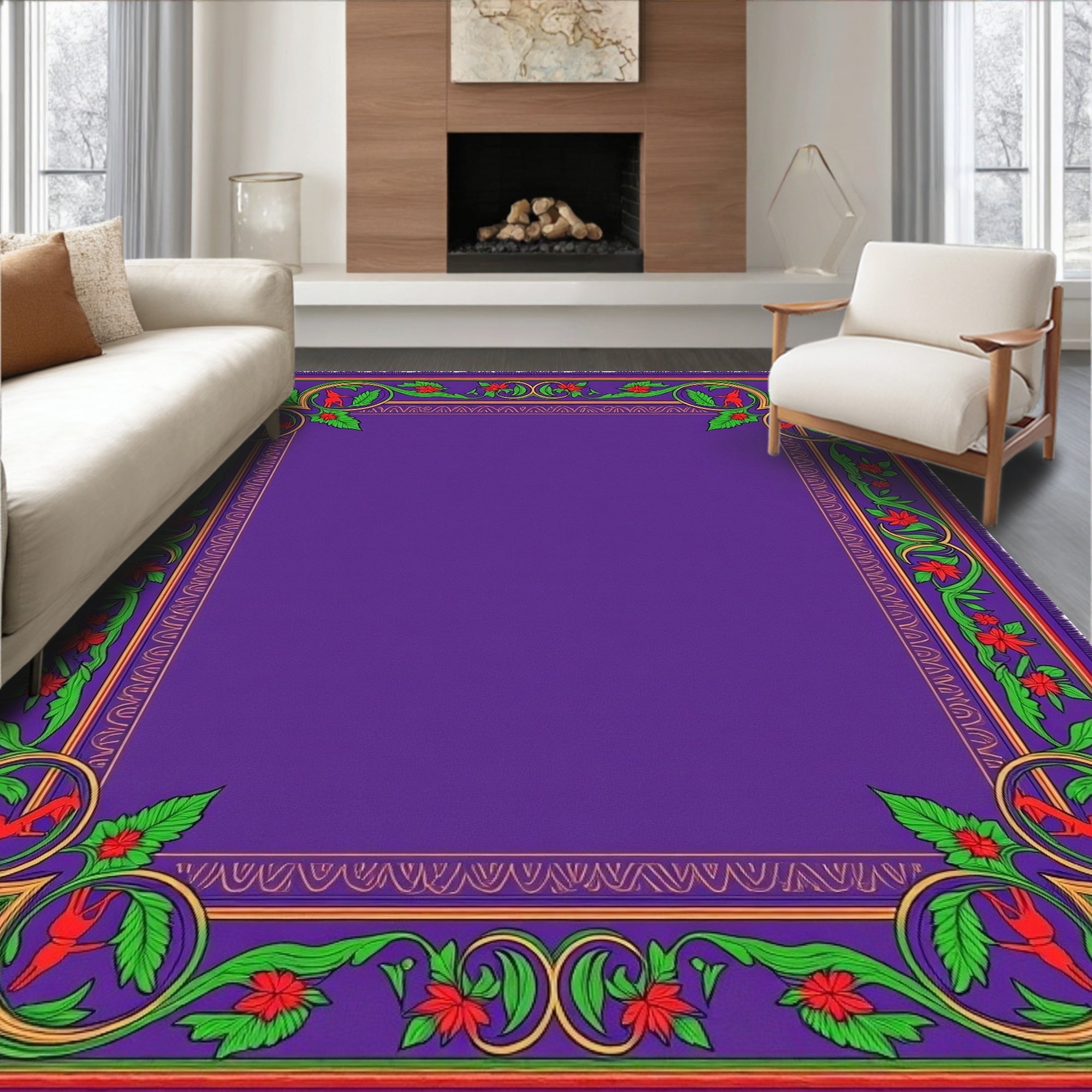 Vibrant Purple Floral Bird Border Rug