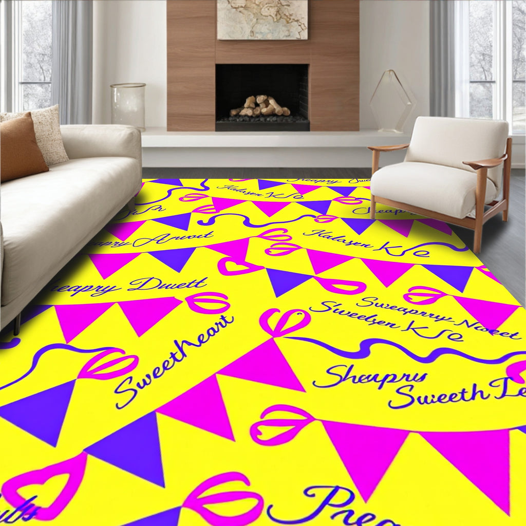 Yellow Pink Blue Bunting Hearts Rug