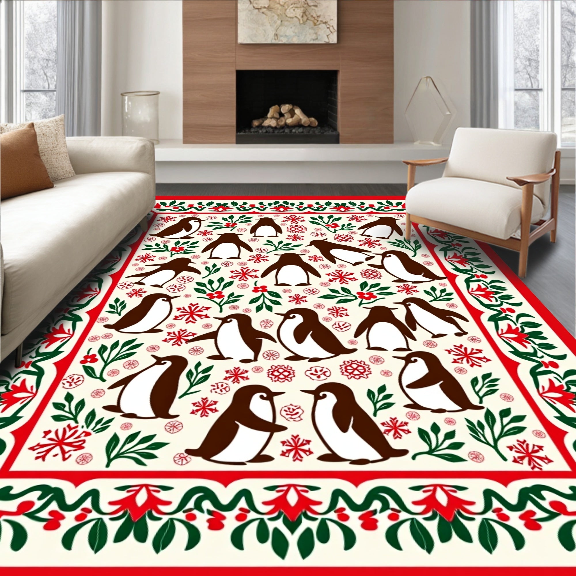 Festive Penguin Holiday Border Rug