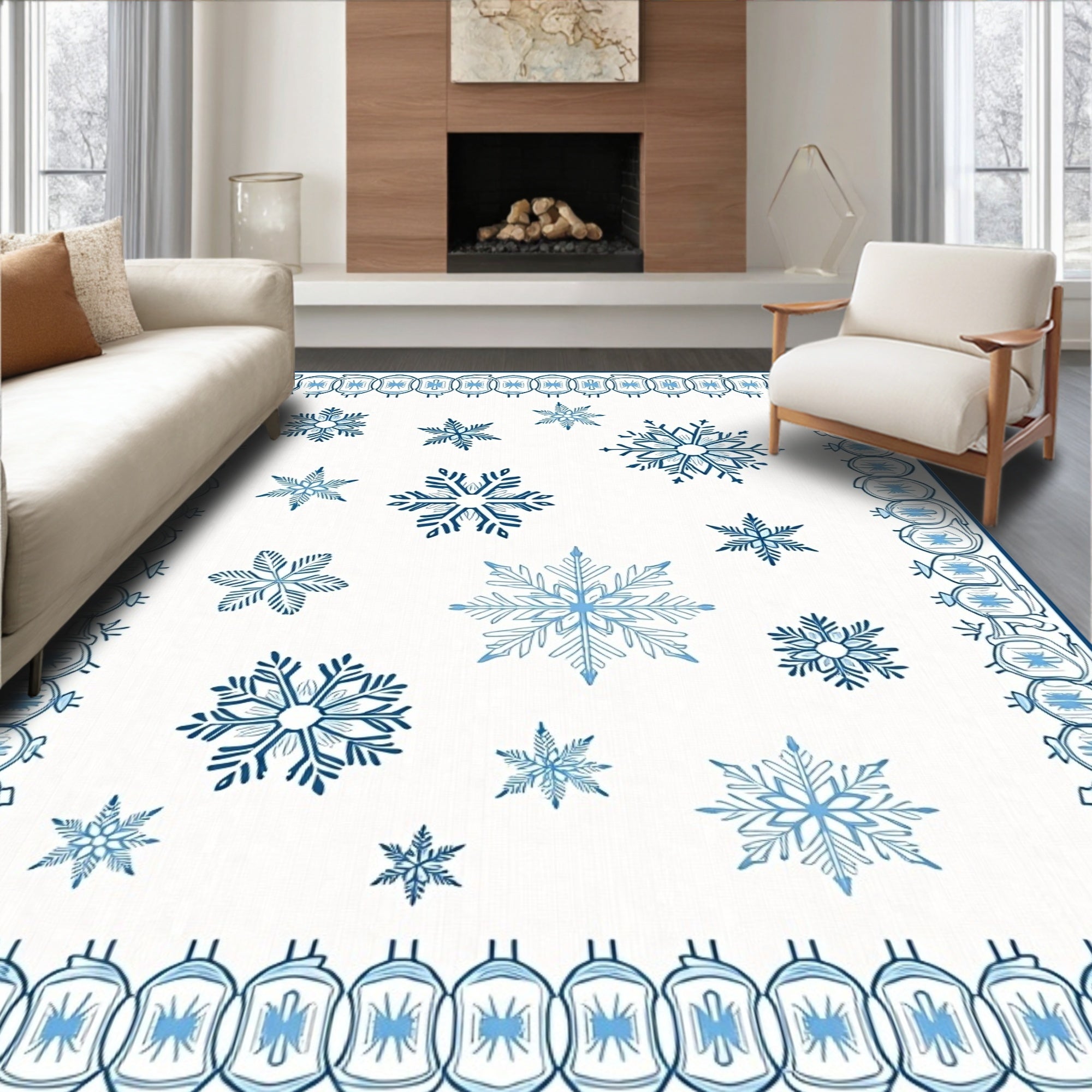 Blue Snowflake Medallion Winter Border Rug