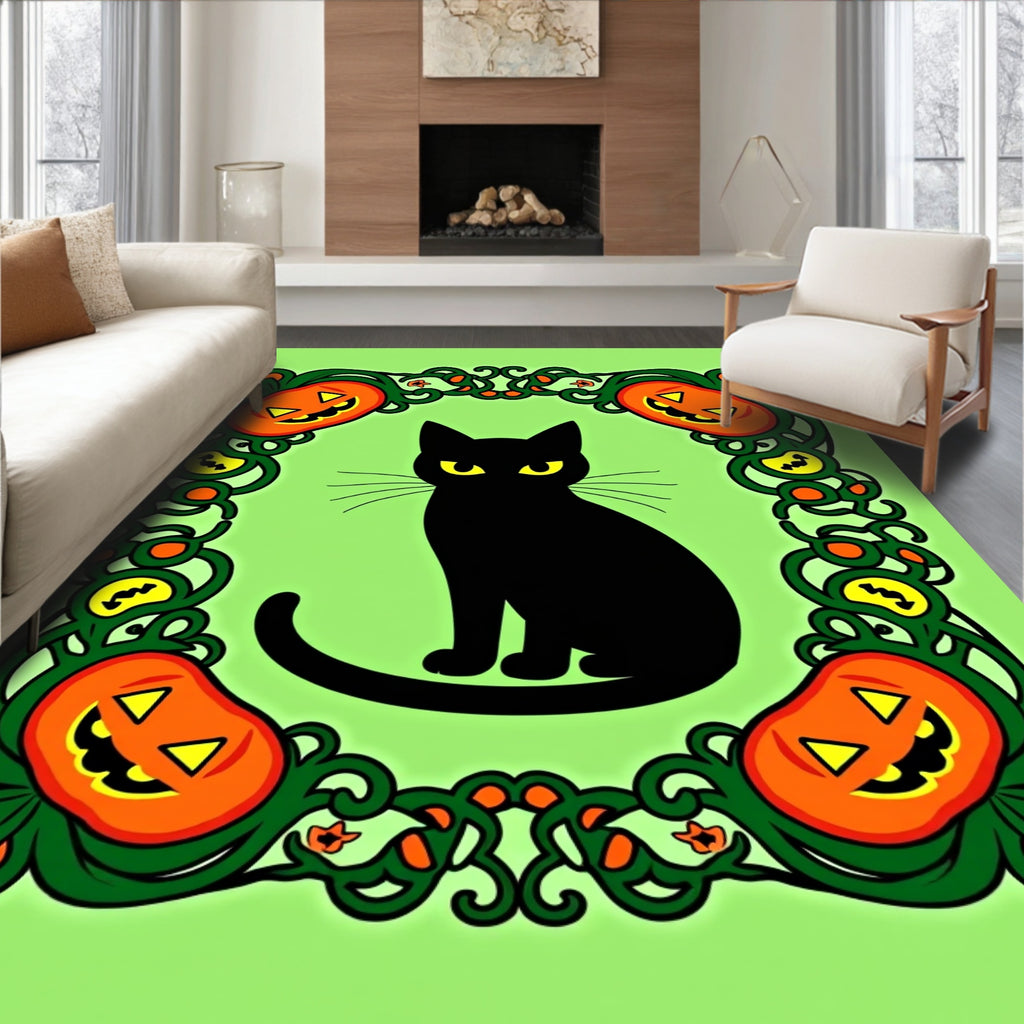 Spooky Black Cat Orange Pumpkin Border Rug