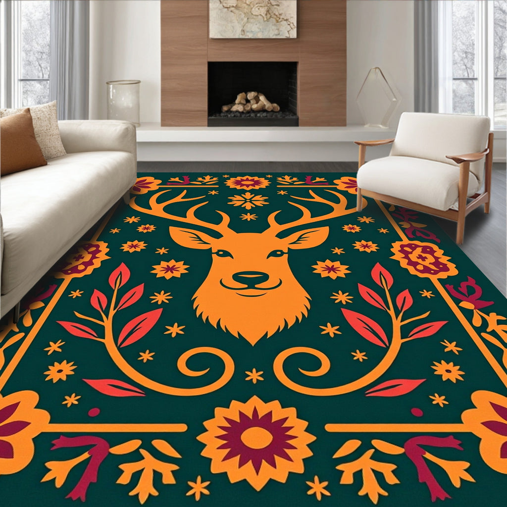Orange Deer With Floral Border Rug