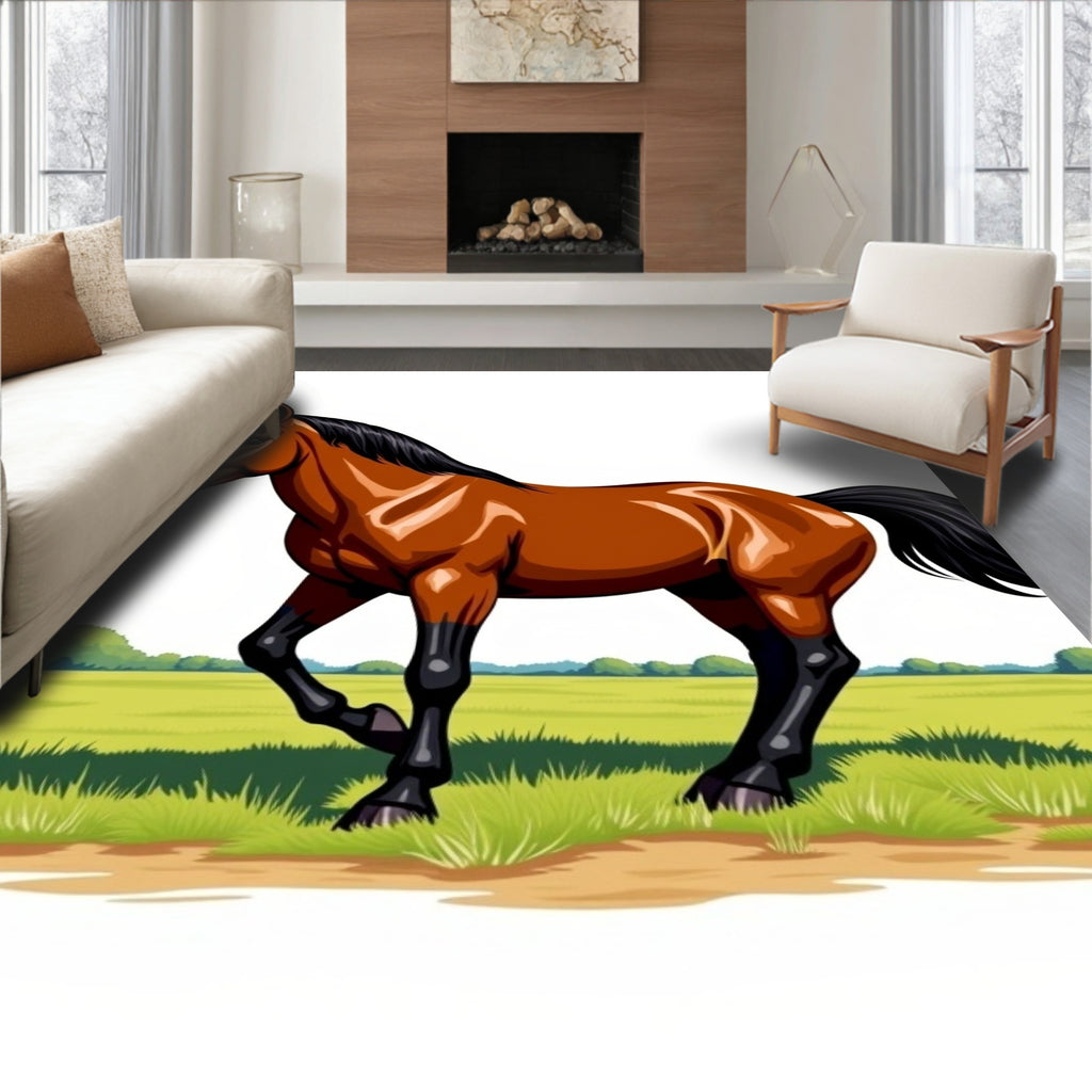Brown Horse Galloping Through Green Field Rug