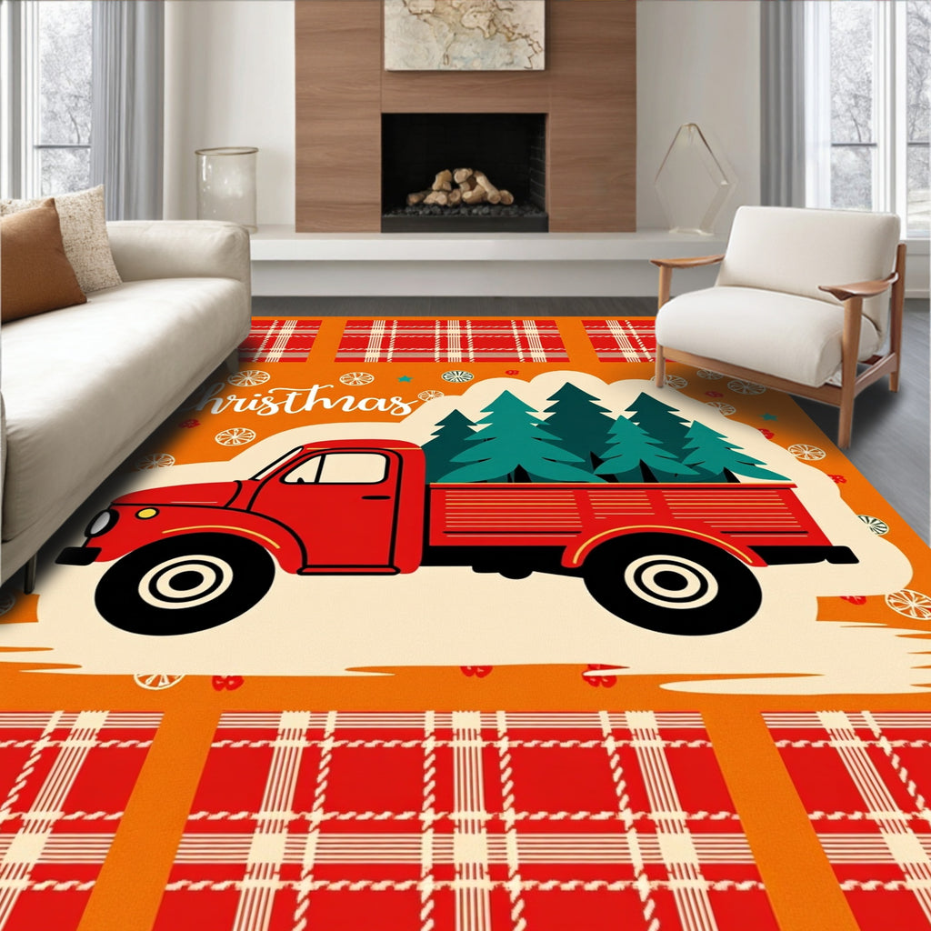Red Truck Christmas Trees Plaid Rug