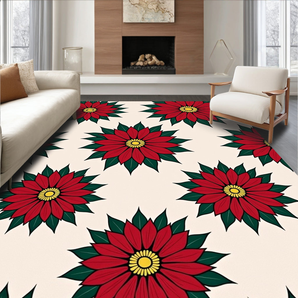 Red Poinsettia Flower Medallion Rug