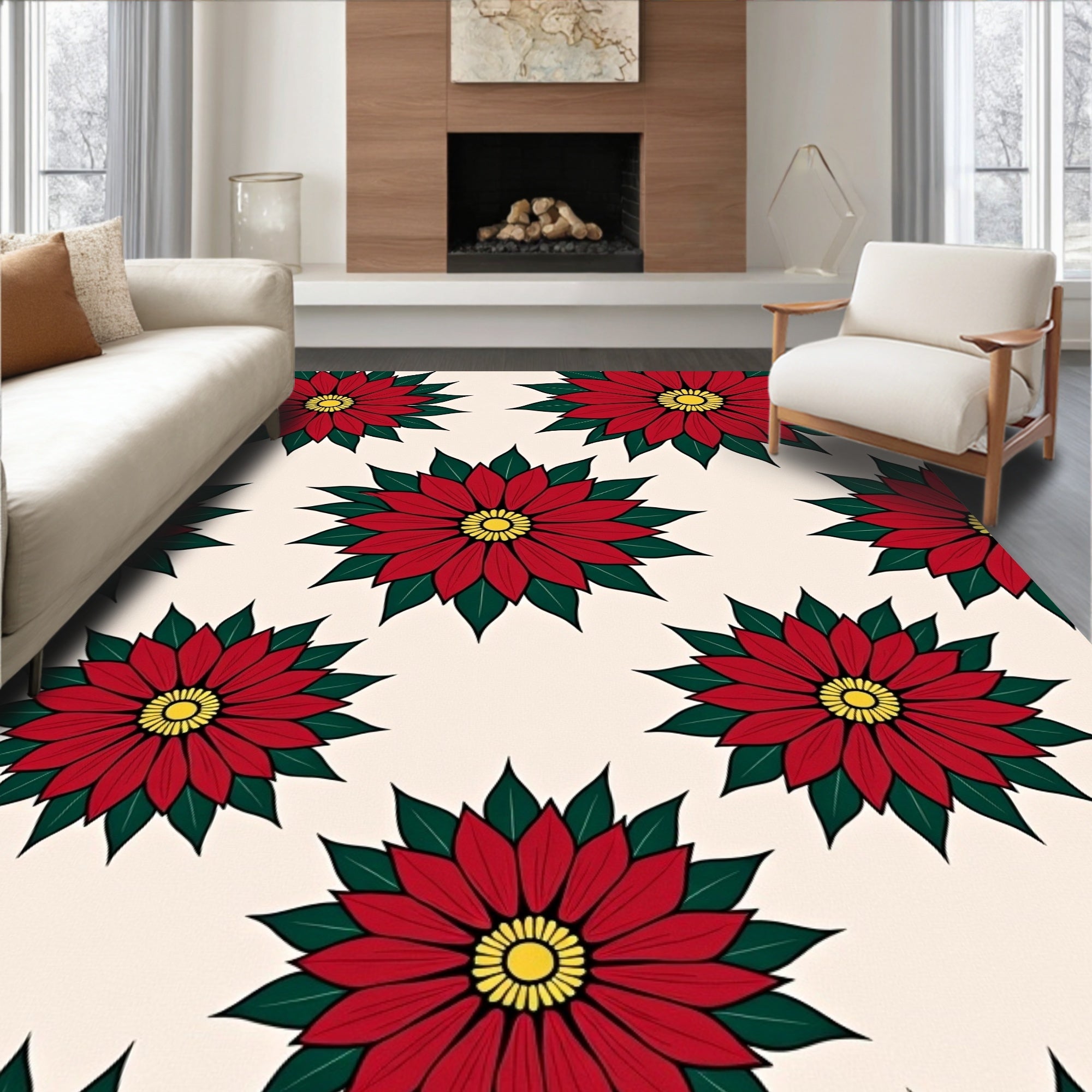 Red Poinsettia Flower Medallion Rug