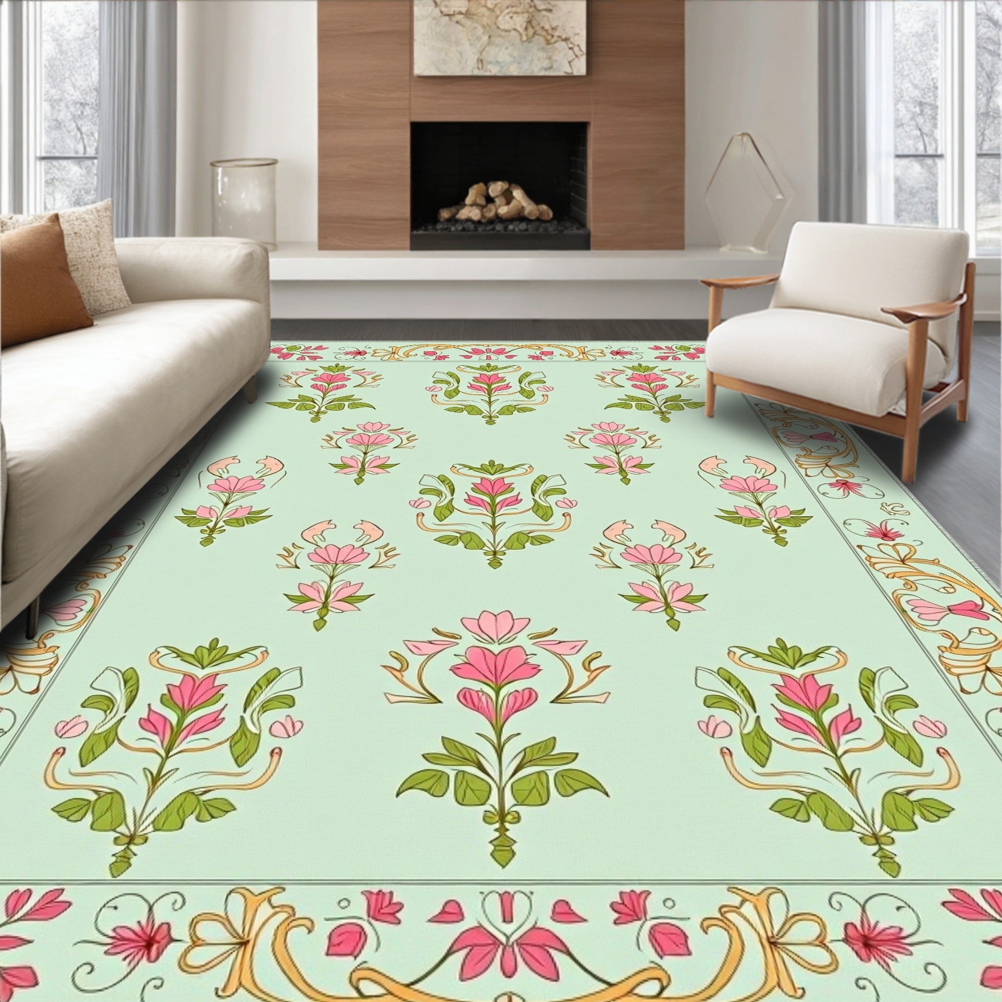 Soft Pink Botanical Garden Arrangement Rug